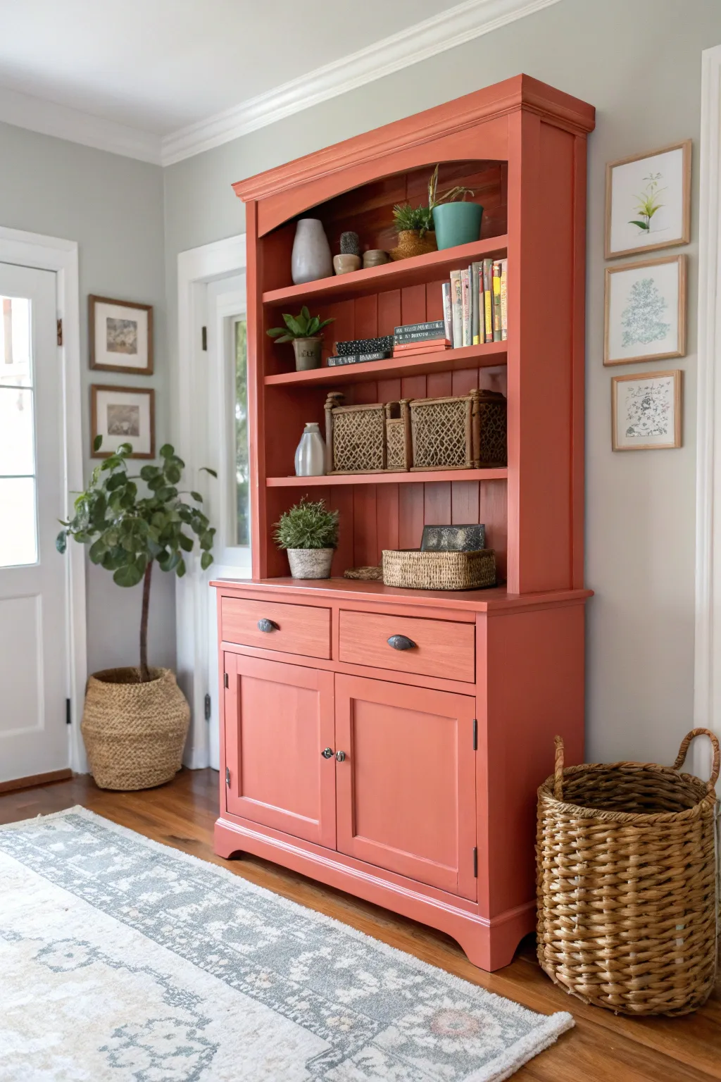 Transform your space with a pop of boho chic: a vibrant coral hutch that's both bold and beautiful.