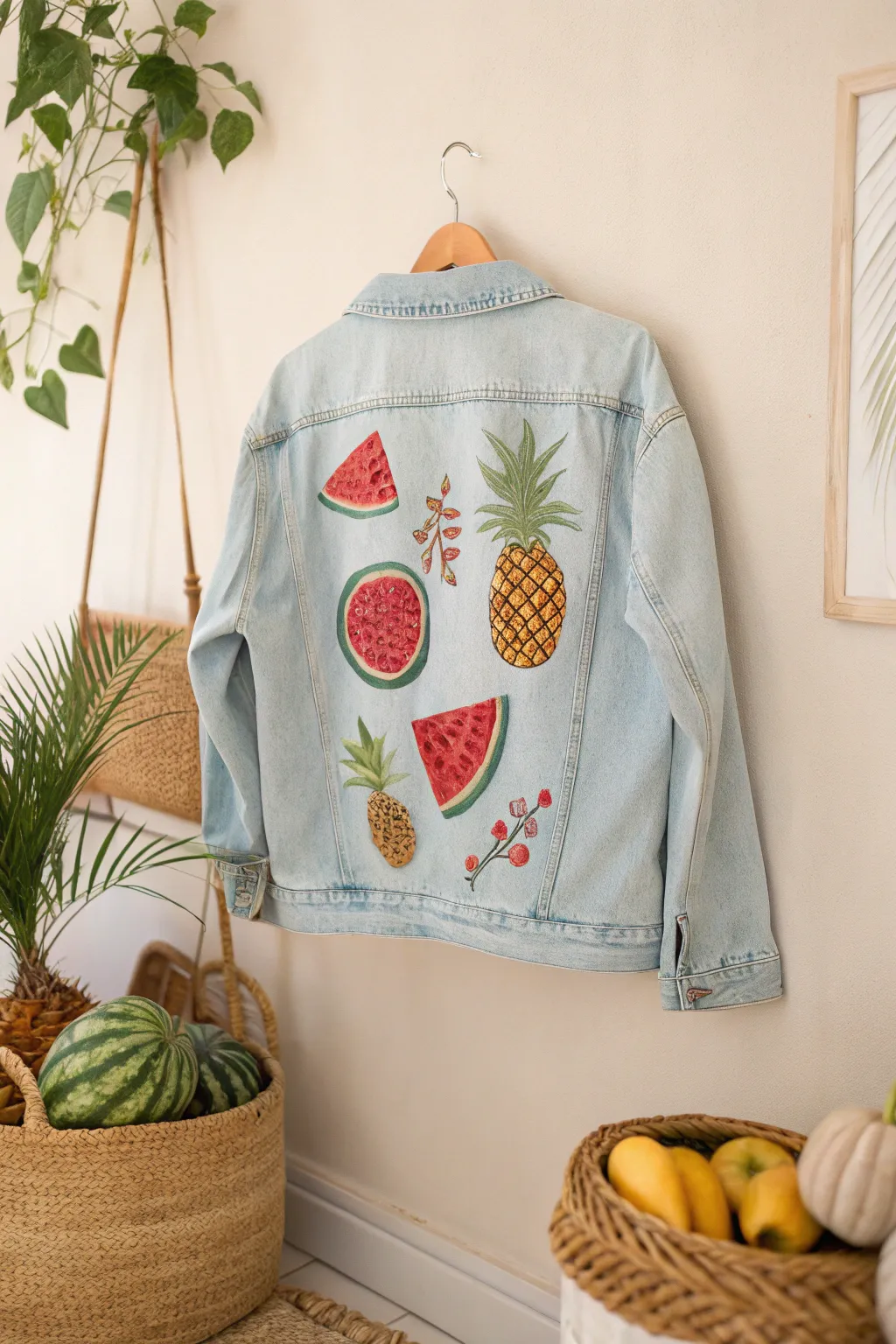 Add a splash of summer to your style with a hand-painted fruity denim jacket! 🍉🍍 #FunkyFruits #SummerStyle