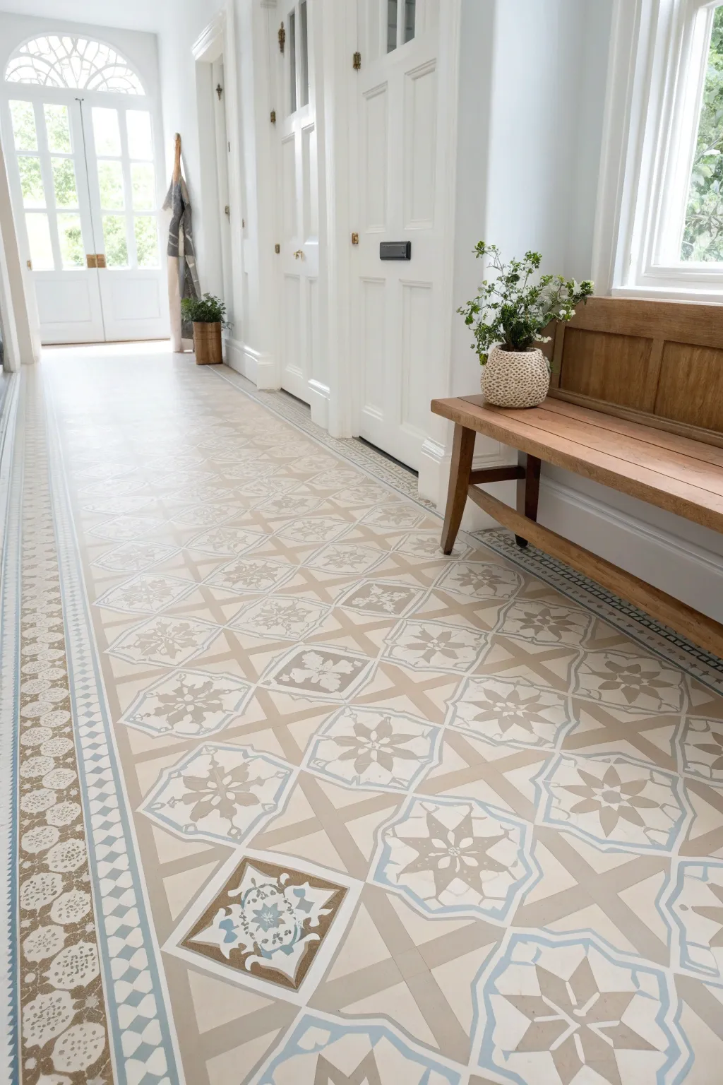 Transform your space with the understated elegance of a shimmering, neutral-toned linoleum floor.