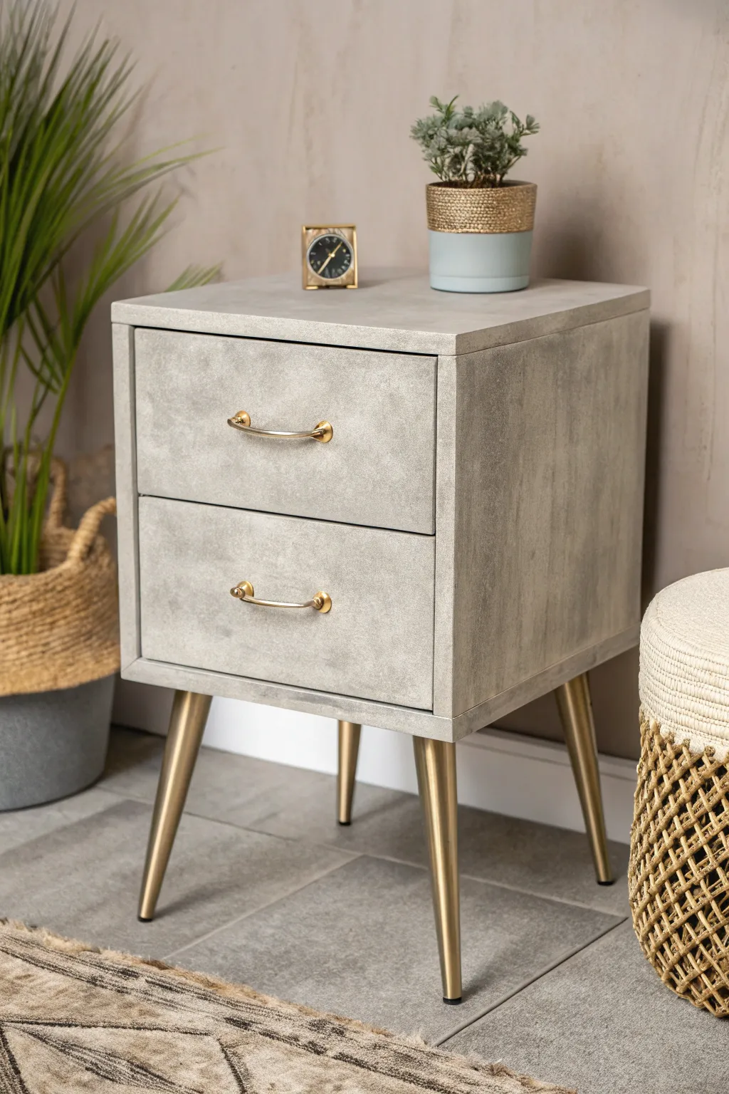 Elevate your space with an industrial nightstand that blends concrete elegance with metallic flair.