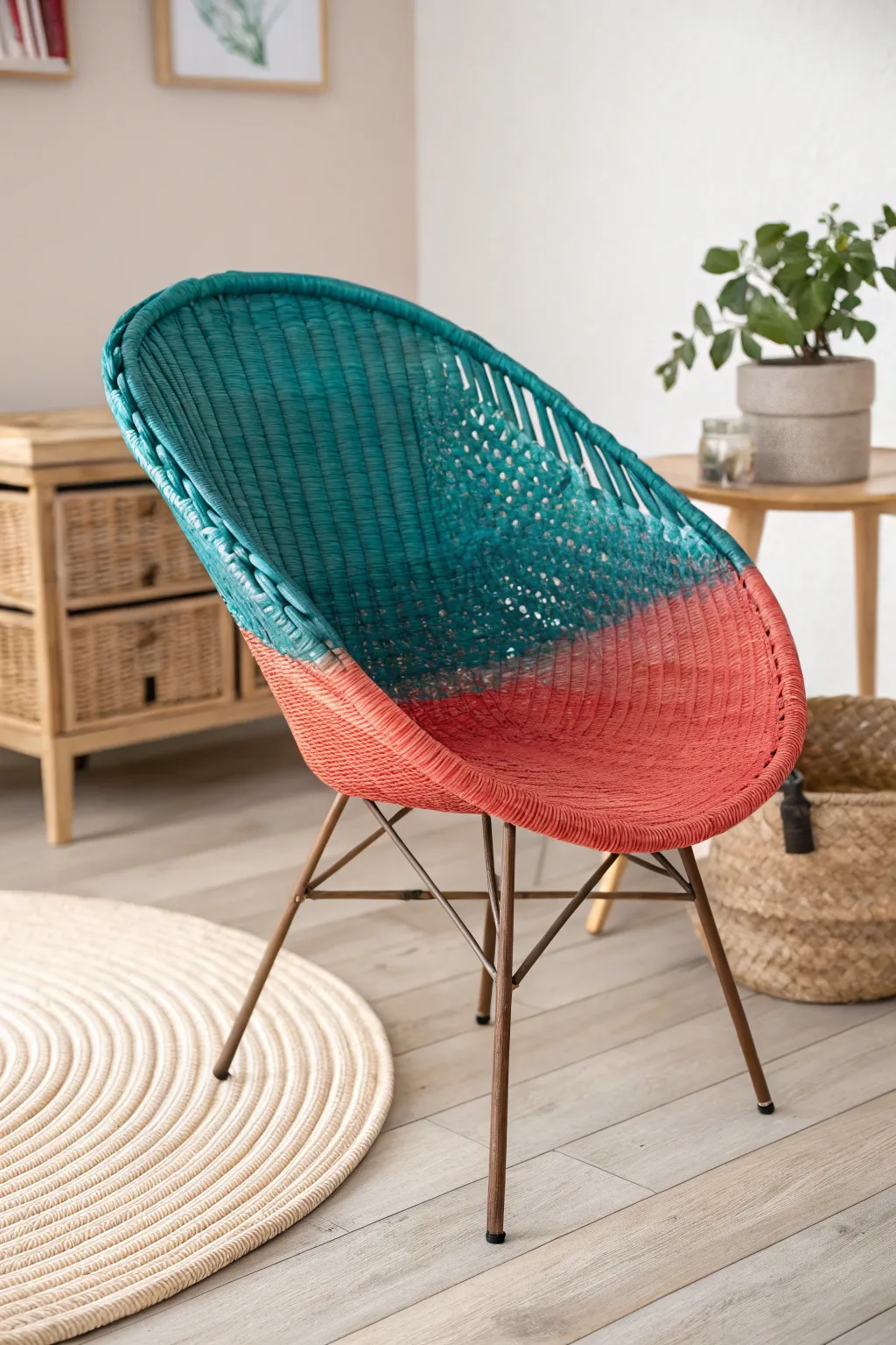 Transform your space with a bold ombre twist on wicker furniture – where teal meets coral for a stunning visual impact.