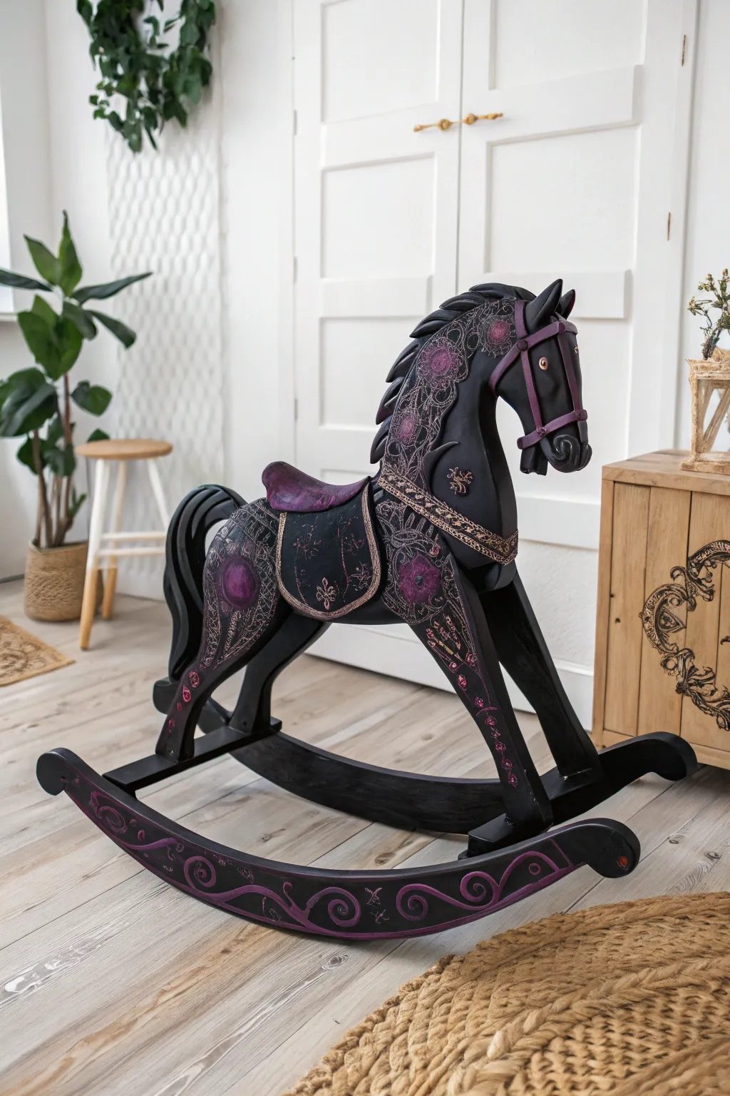 Embrace the allure of Gothic elegance with this stunning handcrafted rocking horse, a perfect blend of drama and minimalism.