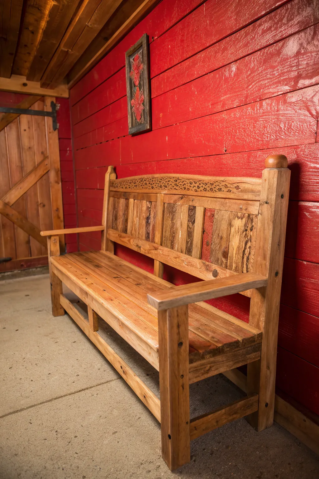 Embrace warmth and craftsmanship with rustic red and natural wood.