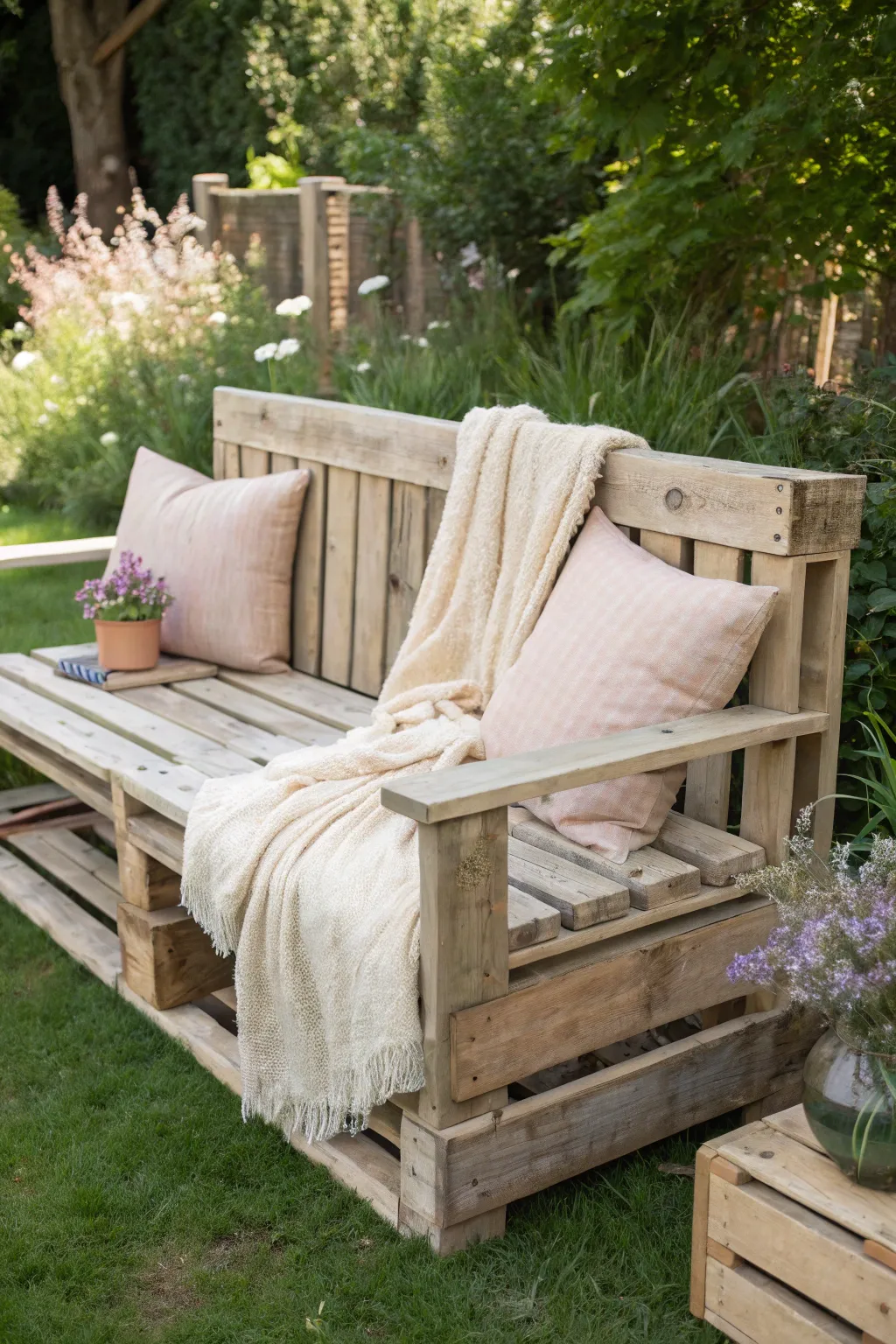 Transform your space with elegance and sustainability: an upcycled pallet bench that marries style and function. #SustainableLiving #BohoScandi