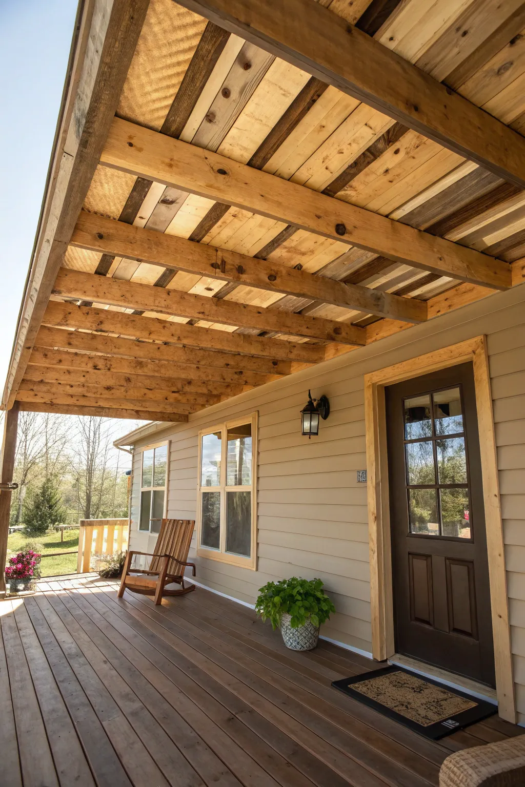 Step into rustic charm with a pallet-perfect porch roof, where craftsmanship meets cozy elegance.