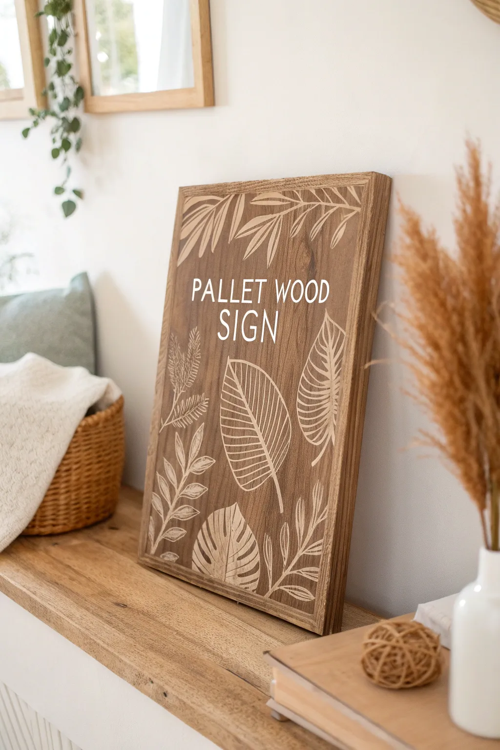 Bring the tranquility of nature into your space with this exquisite leaf-patterned pallet wood sign, perfect for a minimalist and boho touch.