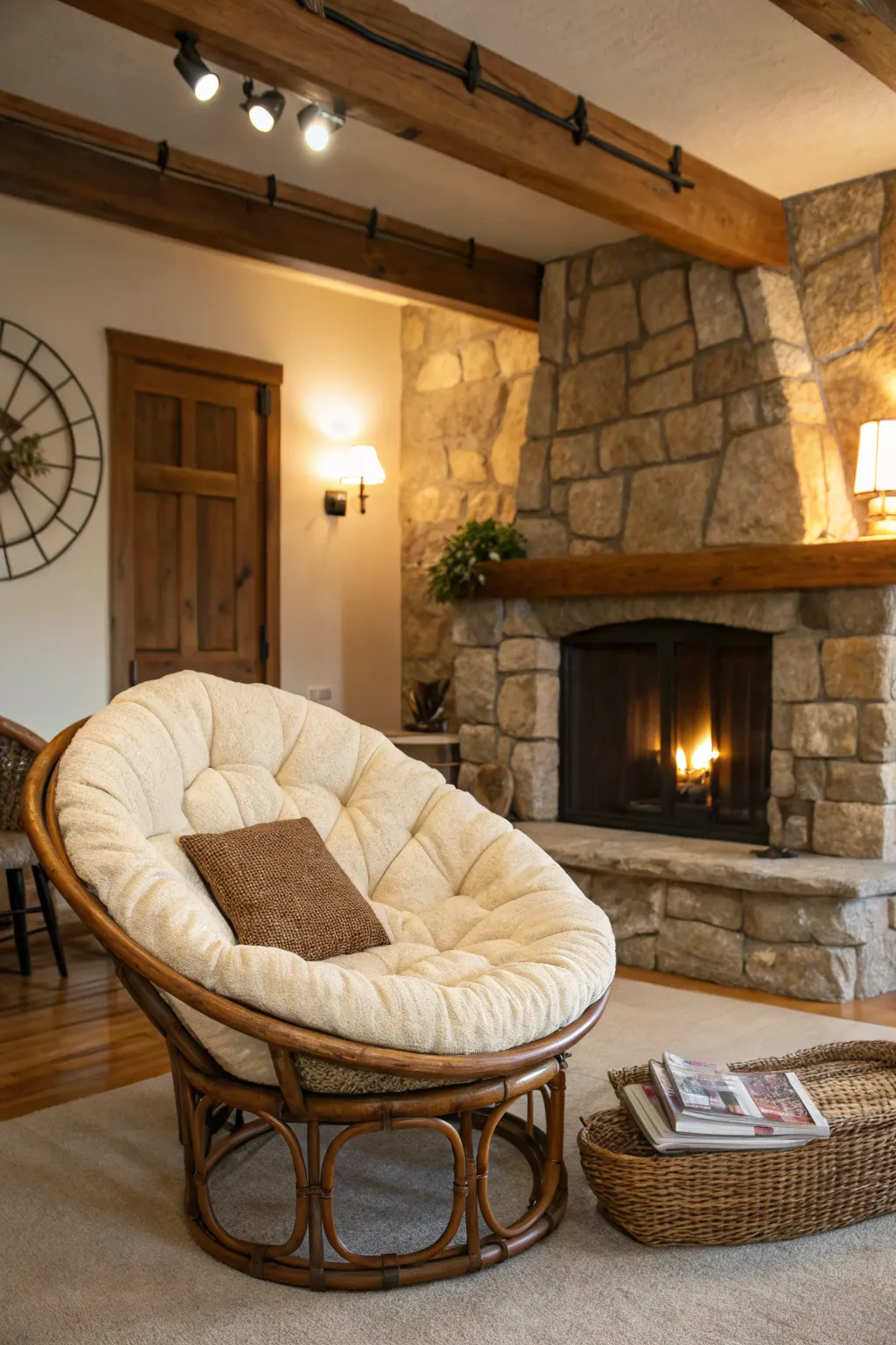 Rustic charm with a papasan chair and natural elements.