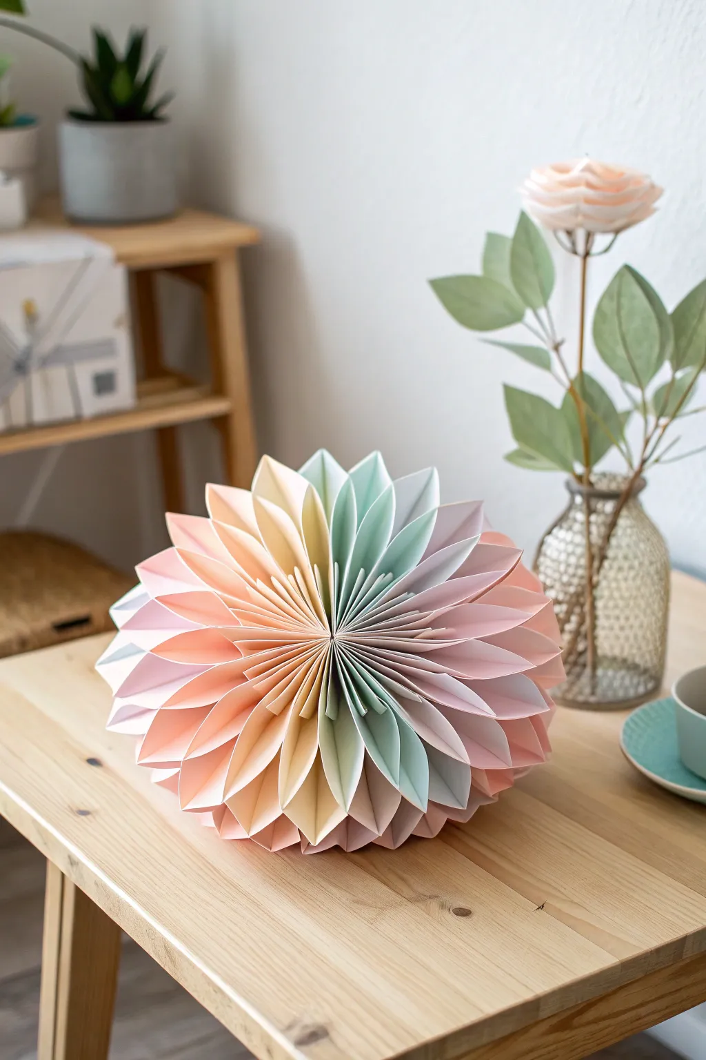 Elevate your space with the simple elegance of accordion-folded paper flowers, a perfect blend of minimalist charm and creative flair.