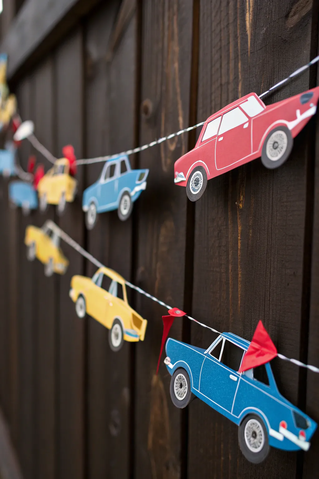 Elevate your space with a touch of whimsy: a handcrafted paper car garland perfect for any occasion.
