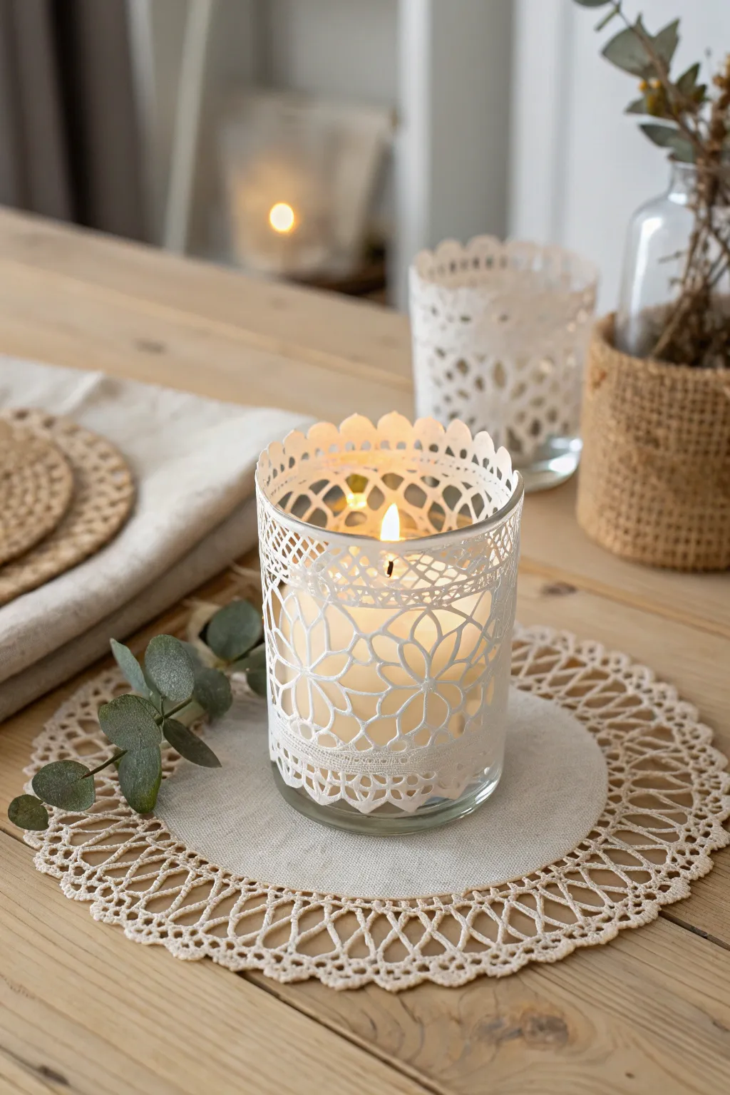 Illuminate your space with the soft, romantic glow of doily candle holders—perfect for an impromptu dinner party.