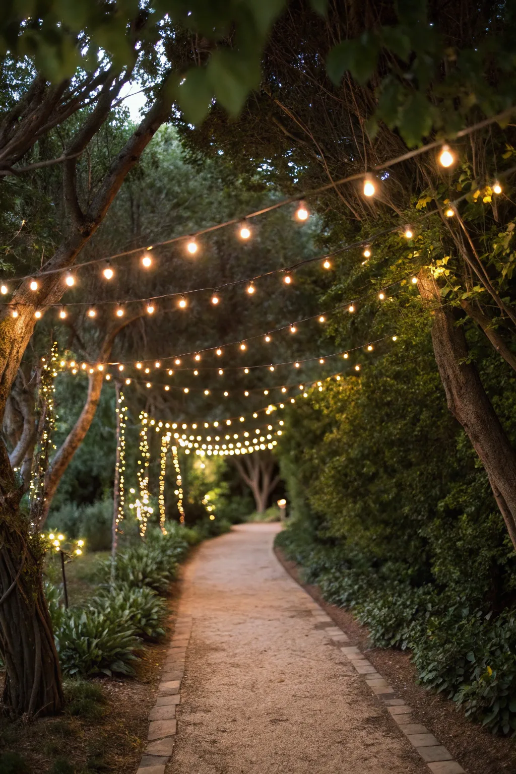 String lights form a magical curtain of light over garden paths.