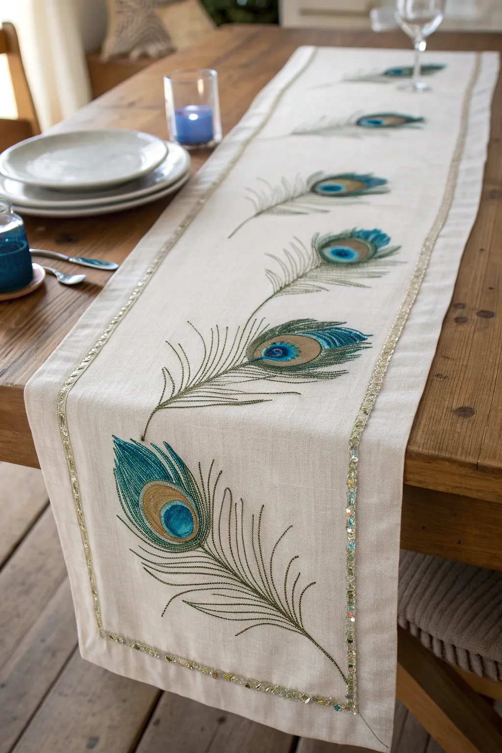 Elevate your dining experience with a touch of natural elegance. This peacock feather table runner is a stunning centerpiece that combines simplicity with artistic flair.