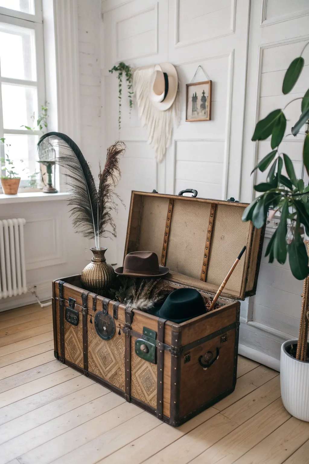 Transform your event with vintage charm using an antique trunk as a stylish prop holder.