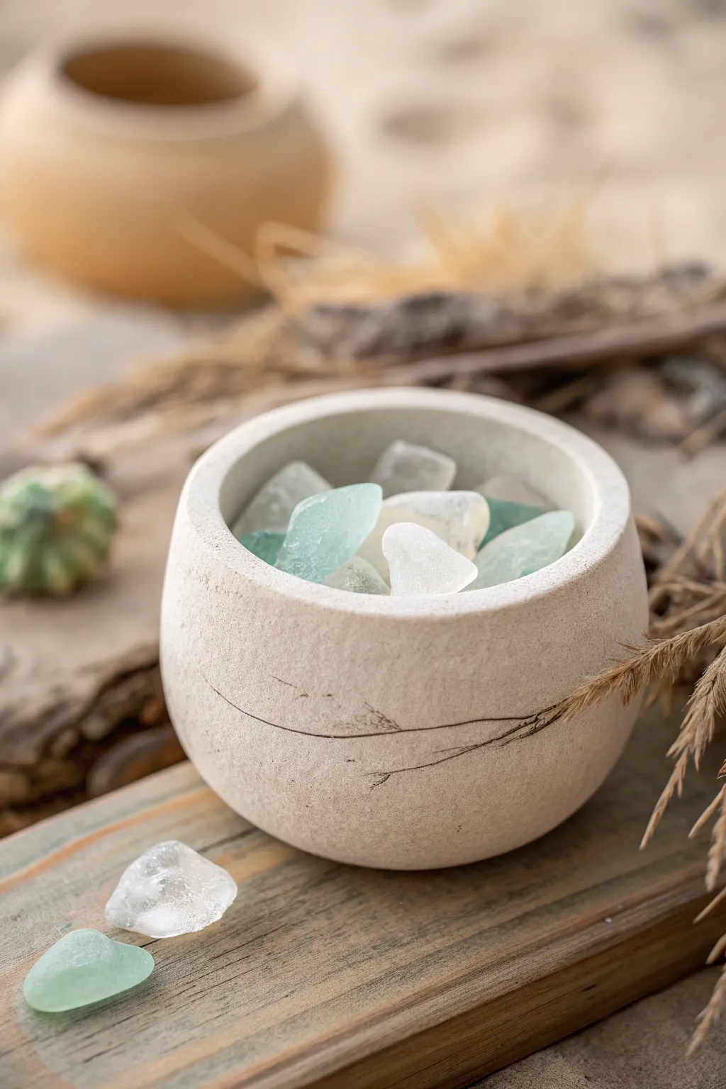 Embrace simplicity and sustainability with this eco-friendly pinch pot rattle, featuring delicate sea glass accents.