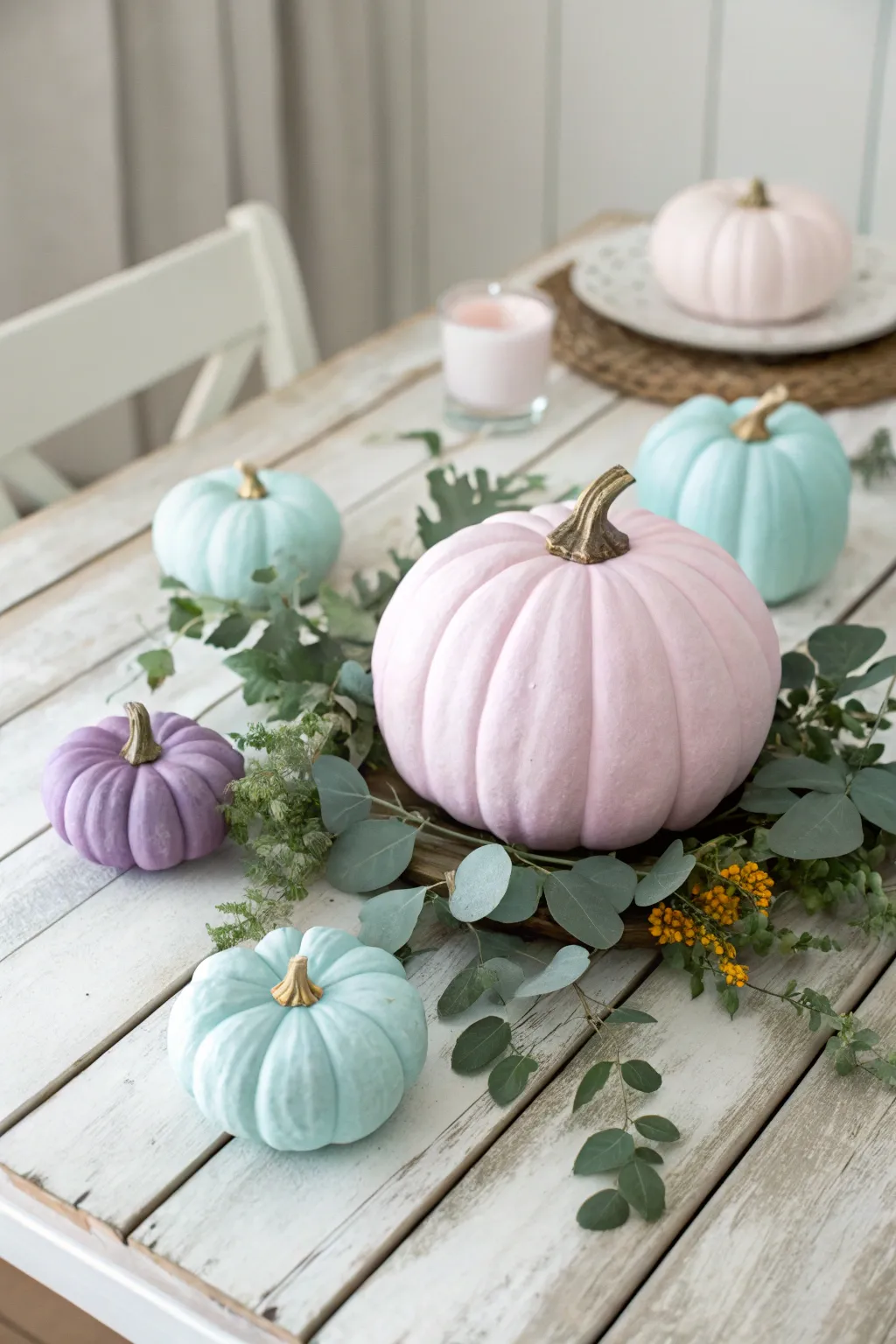 Embrace the elegance of a pastel pumpkin palette for a serene fall ambiance.