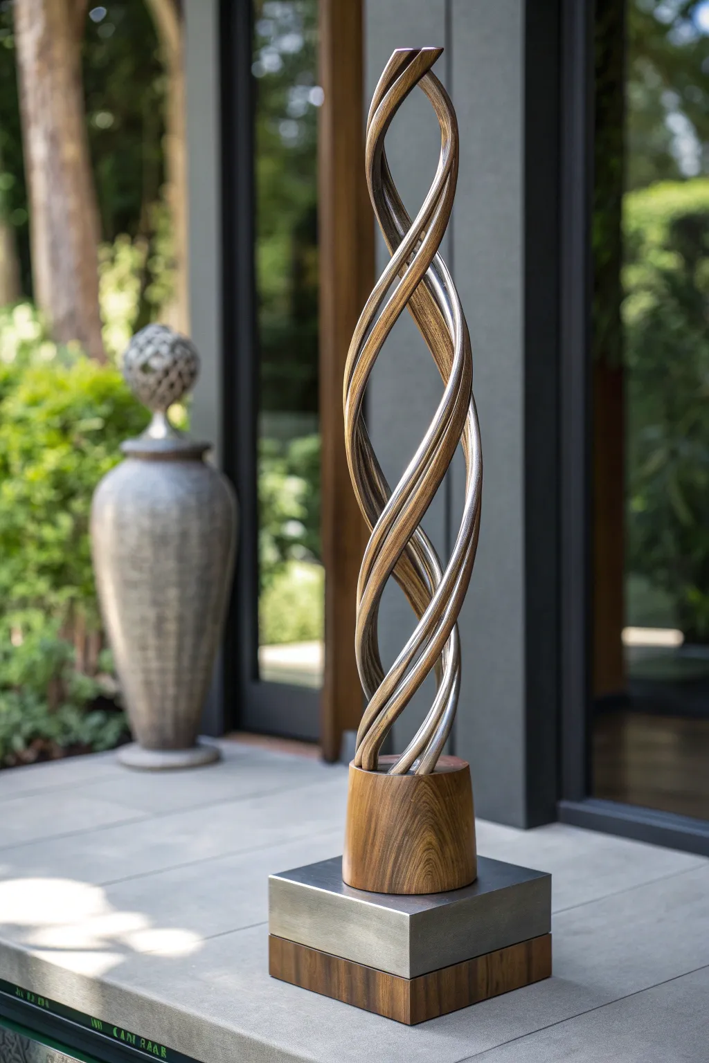 Elevate your deck with sculptural artistry—where wood meets metal in perfect harmony.