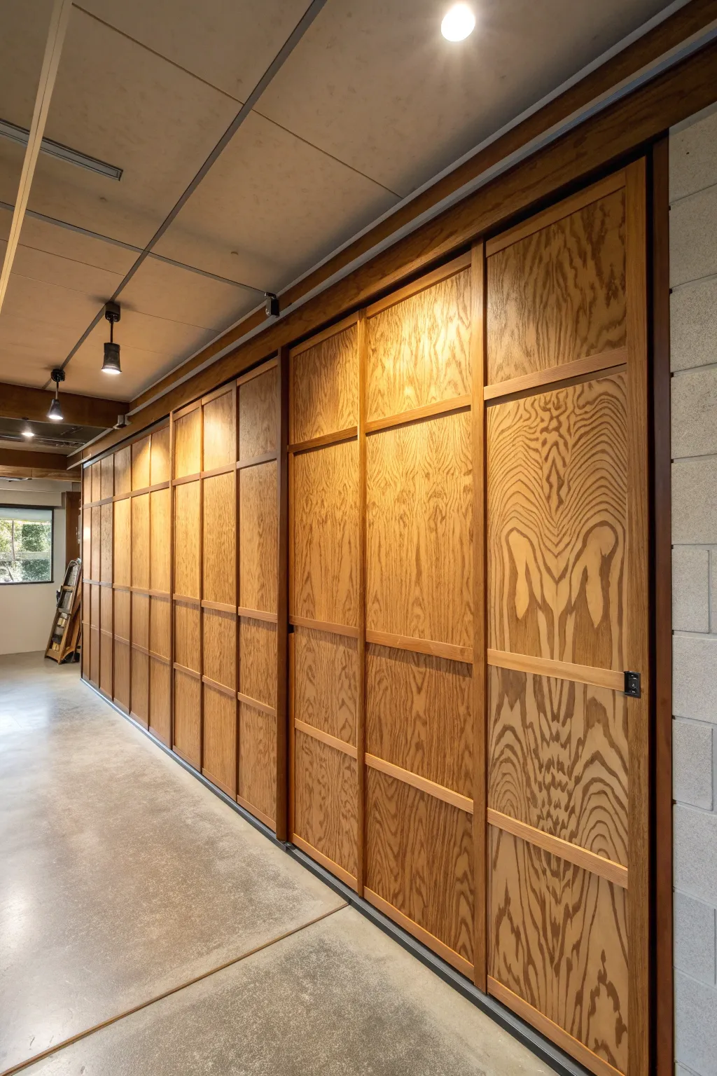 Elevate your garage space with the timeless charm of a handcrafted plywood partition wall.