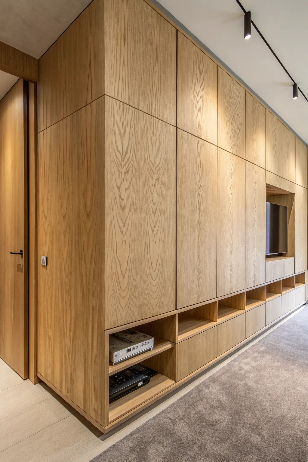 Discover the seamless elegance of hidden storage with expertly crafted plywood panels. Perfect for a tidy and chic studio space.