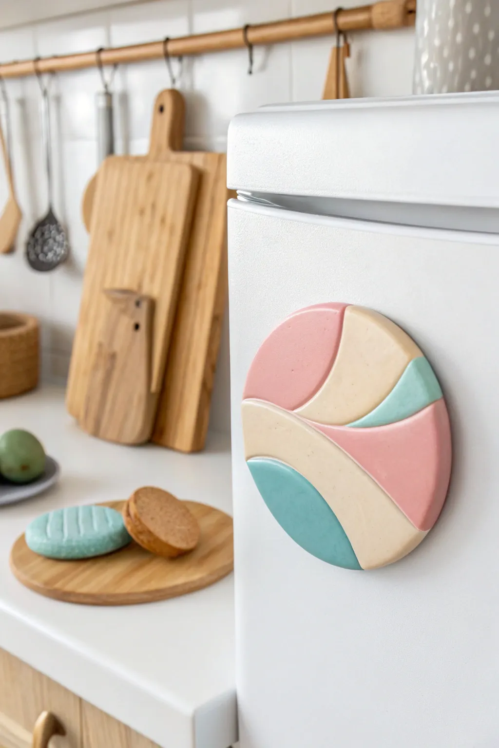 Add a touch of modern artistry to your kitchen with this abstract polymer clay magnet.
