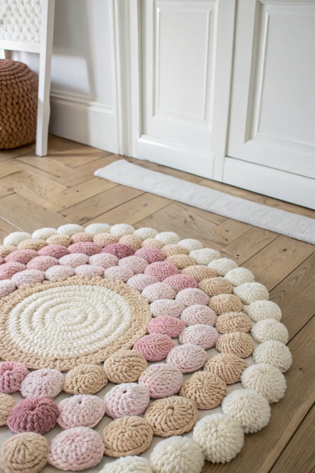 Transform your leftover yarn into a beautiful upcycled pom pom rug, where each pom pom tells its own unique story. 🌿✨ #SustainableCrafts #ScandiBoho