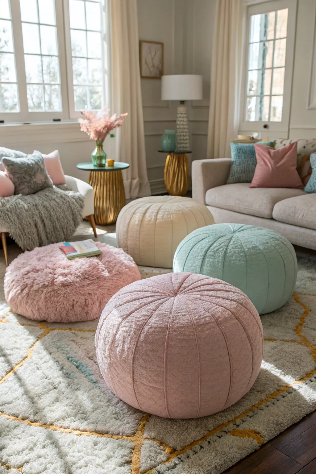 Rounded poofs bring balance to this stylish living room.