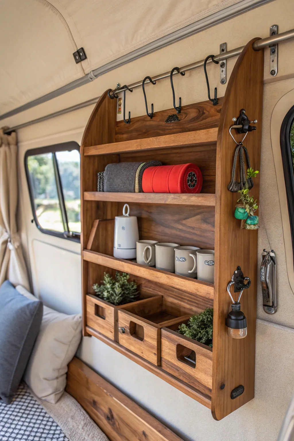 Transform your camper with this stunning DIY hanging storage – where functionality meets craftsmanship.