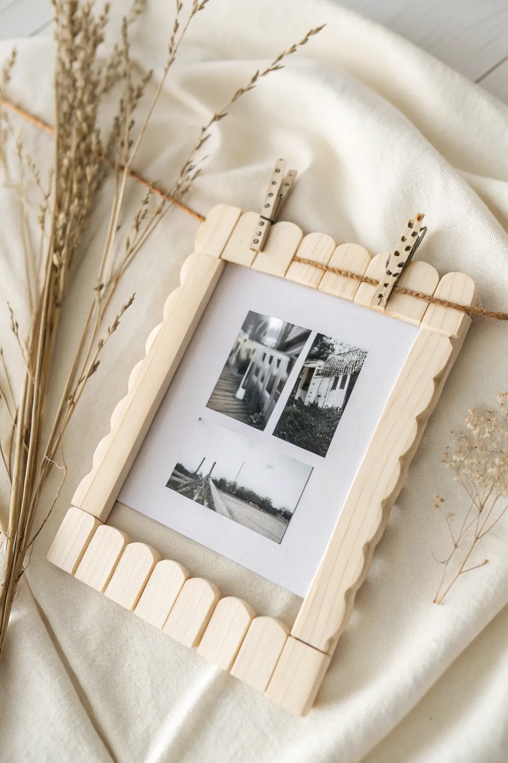 Effortlessly chic: Swap your memories with this minimalist popsicle stick frame adorned with elegant clips.