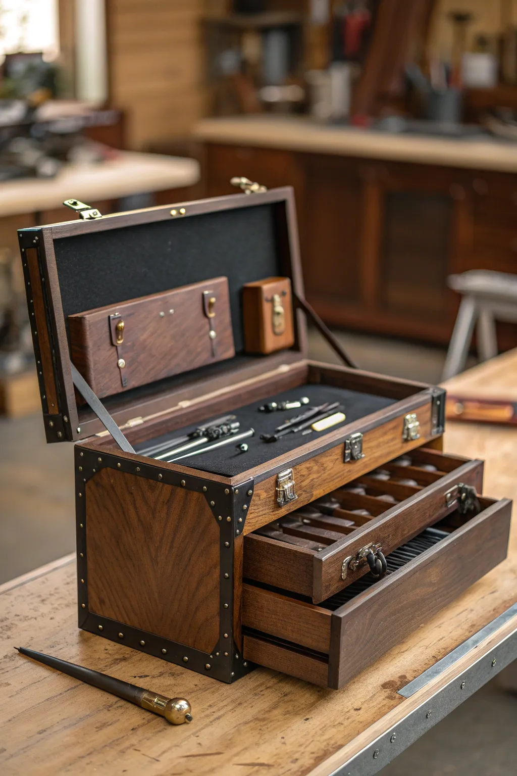 Elevate your workspace with this expertly crafted portable toolbox featuring a fold-out work surface—perfect for the craftsman on the go.