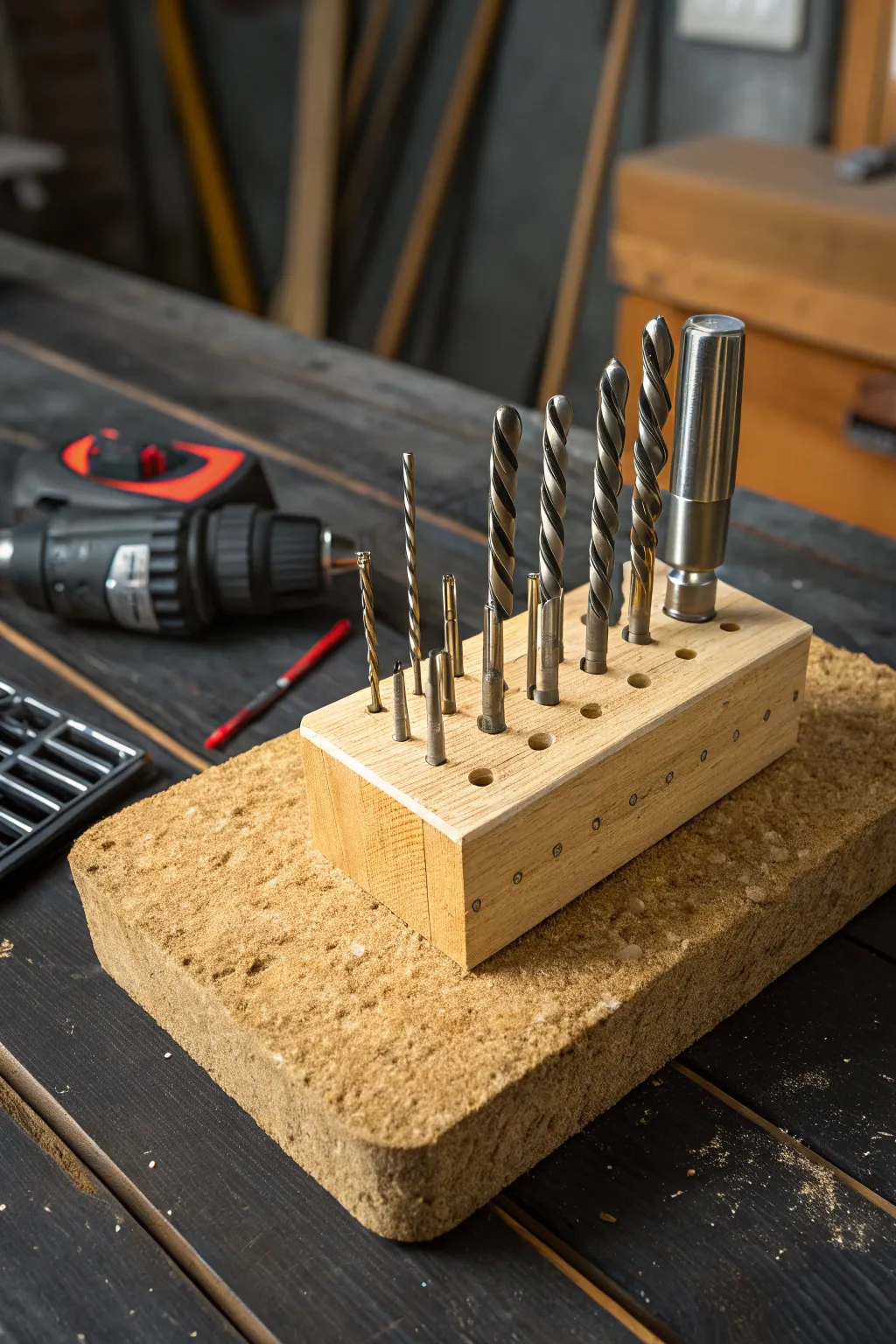Keep your workspace tidy and stylish with this handcrafted tool pincushion, perfect for organizing small drill bits with flair.