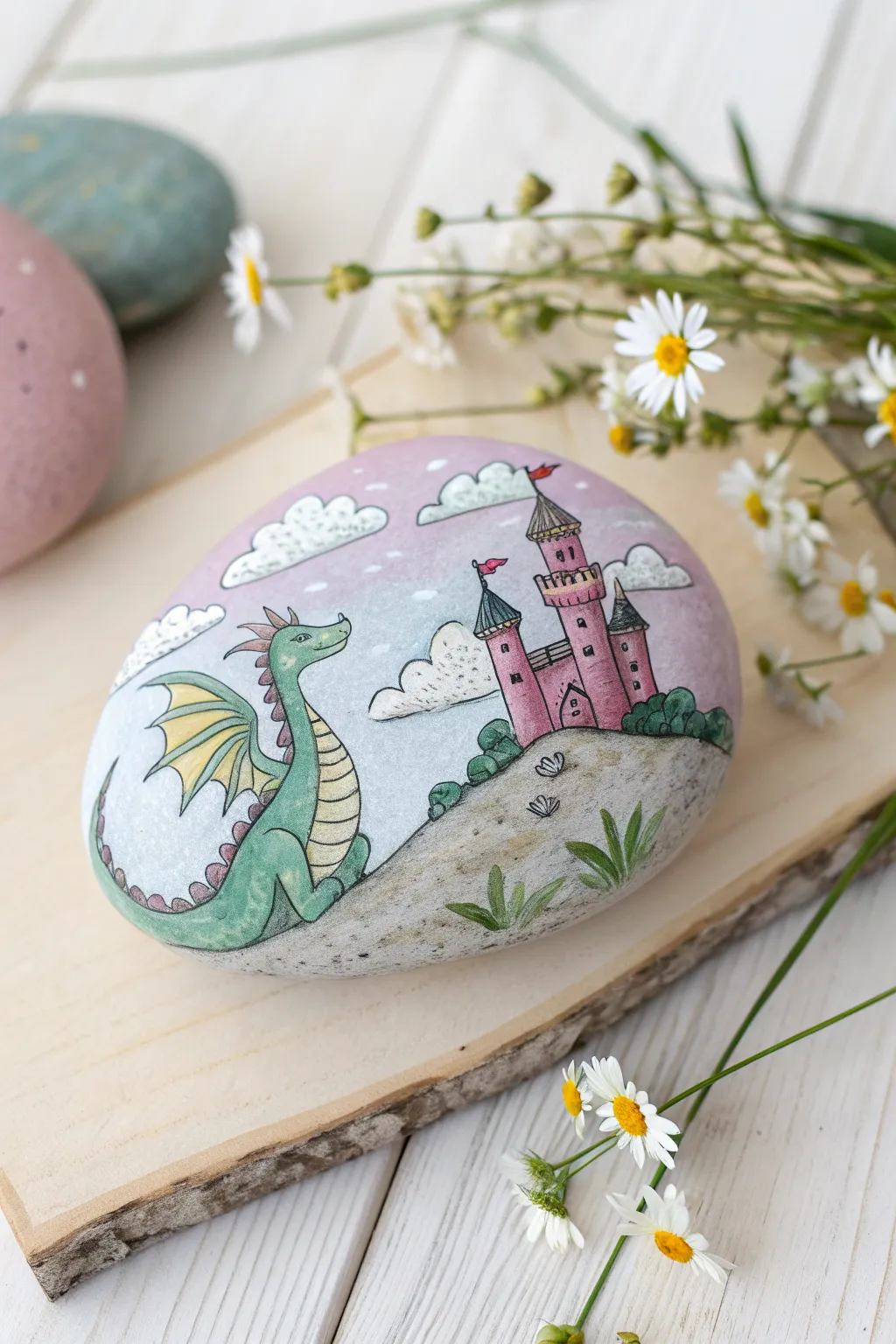 Ignite your imagination with this enchanting fairytale rock painting, a perfect blend of whimsy and minimalistic elegance.