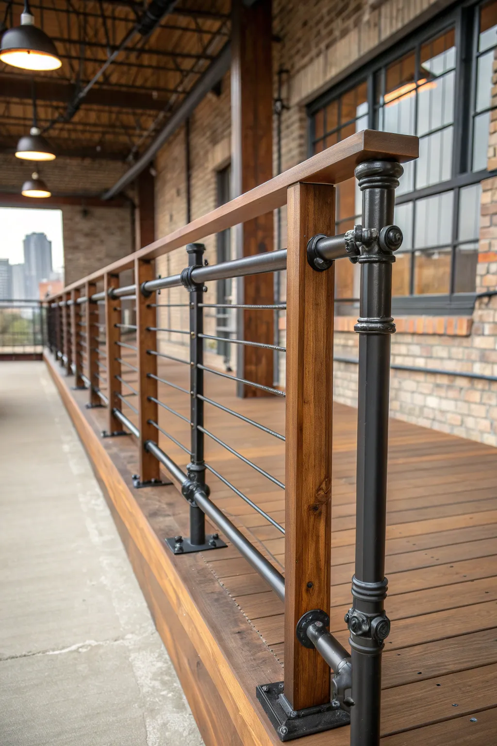 Elevate your urban loft with the perfect blend of industrial chic: pressure-treated wood and metal pipe railings.