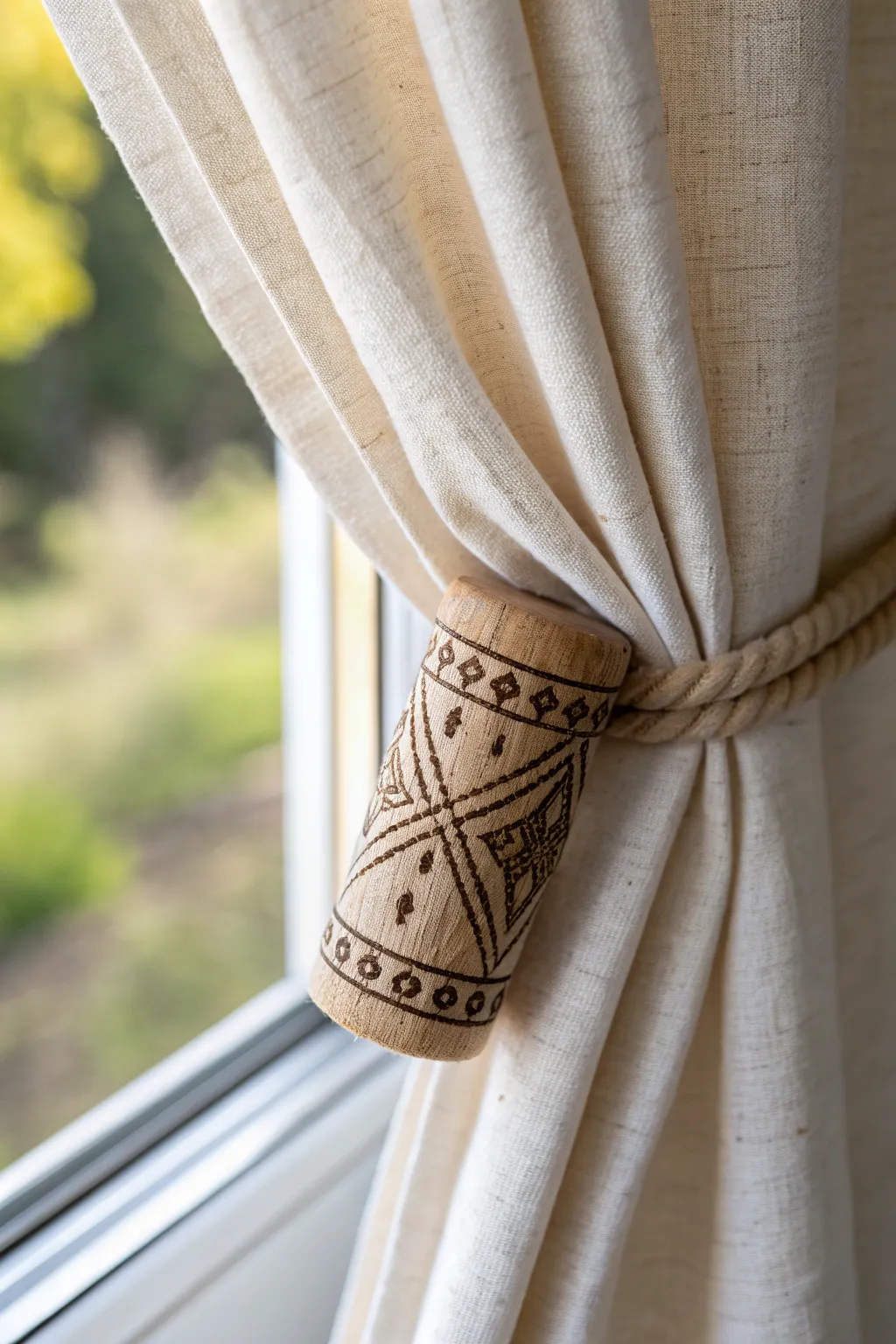 Elevate your drapes with charming cork tiebacks for a touch of boho elegance.