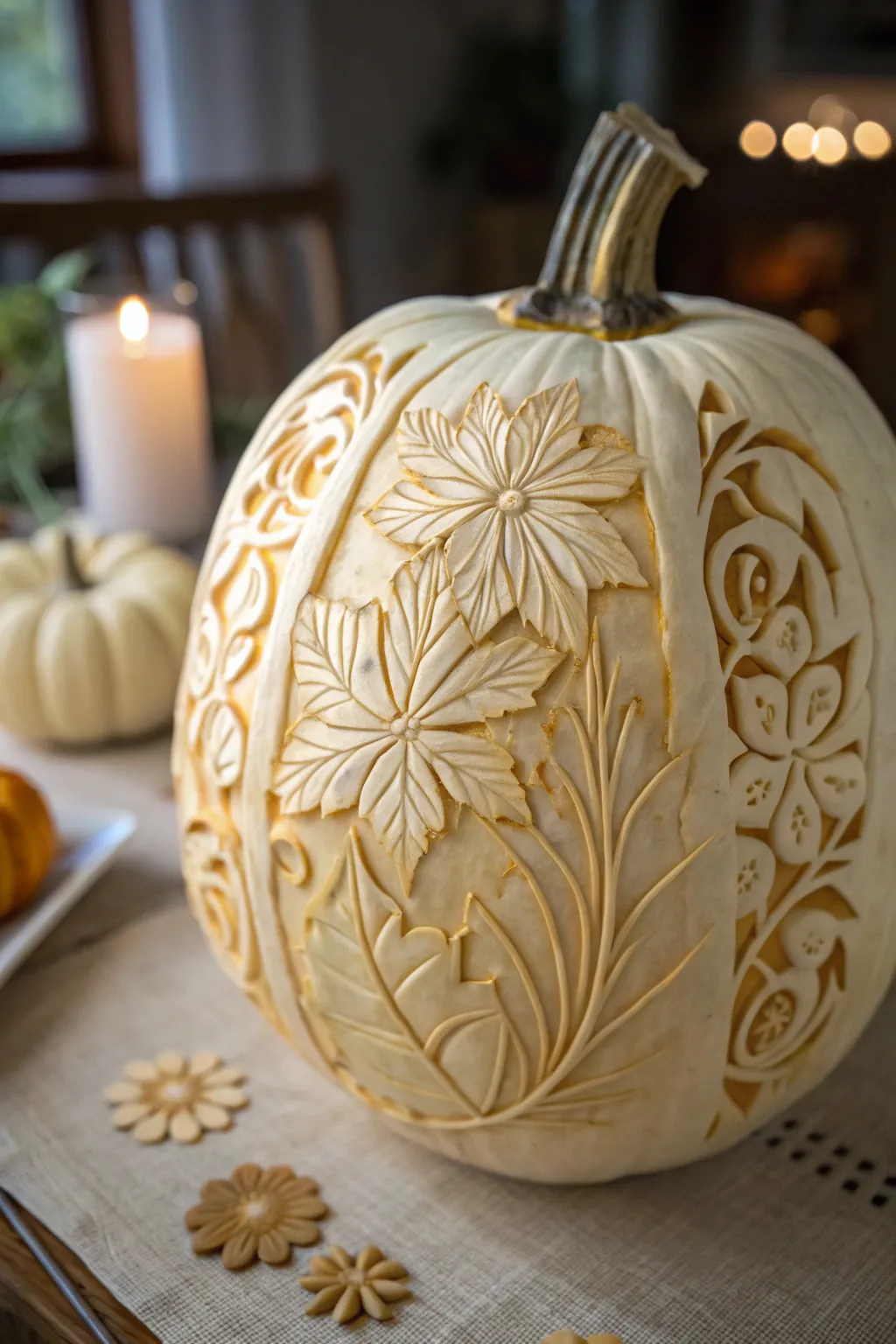 Harness the beauty of nature with subtle pumpkin carving elegance.