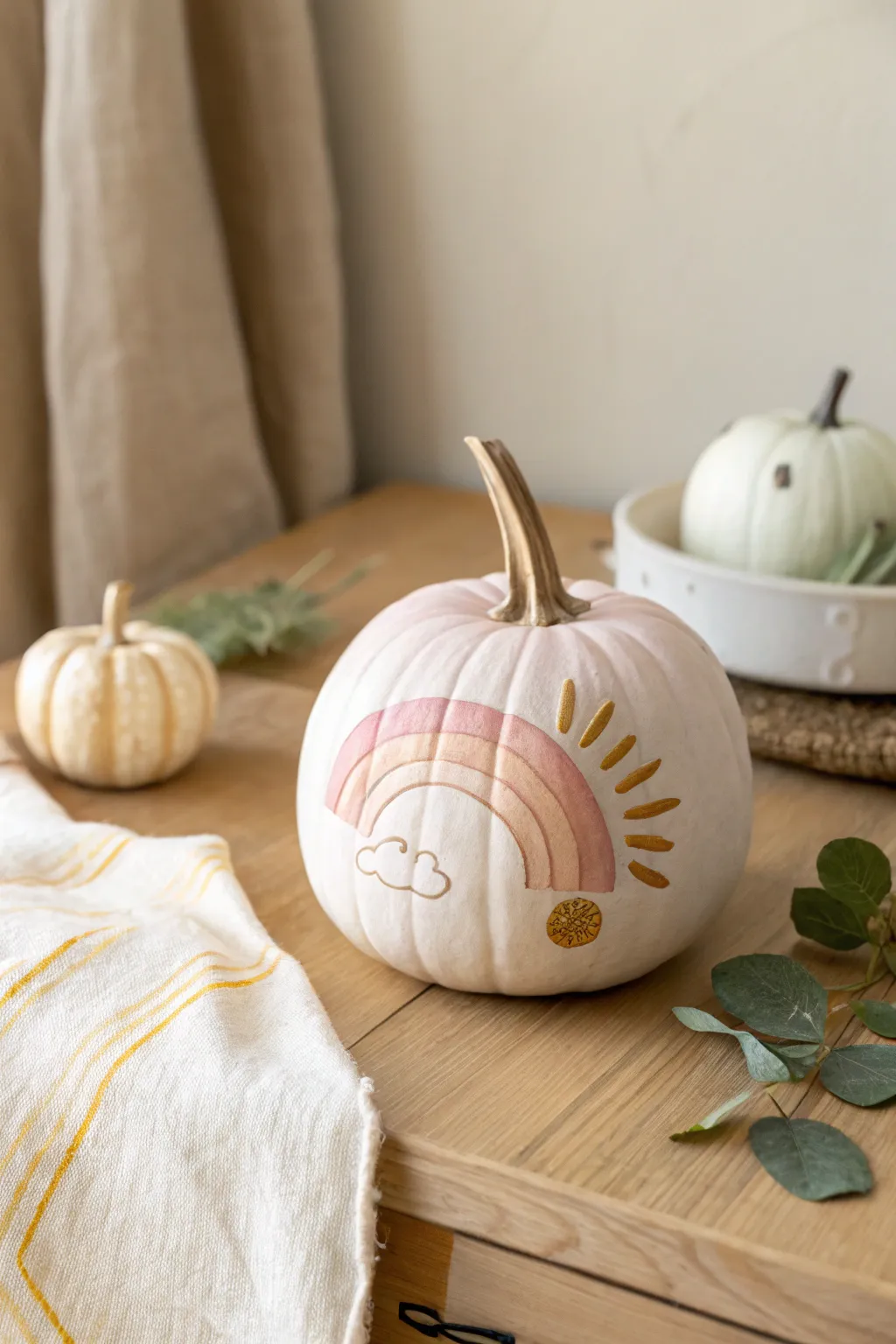 Embrace the beauty of nature with this charming weather-themed pumpkin, perfect for a touch of minimalist elegance.