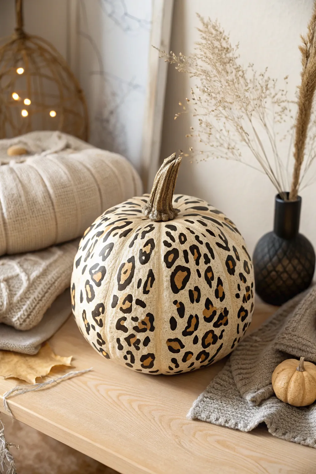 Unleash your wild side with this chic leopard print pumpkin, perfect for a stylish autumn centerpiece.