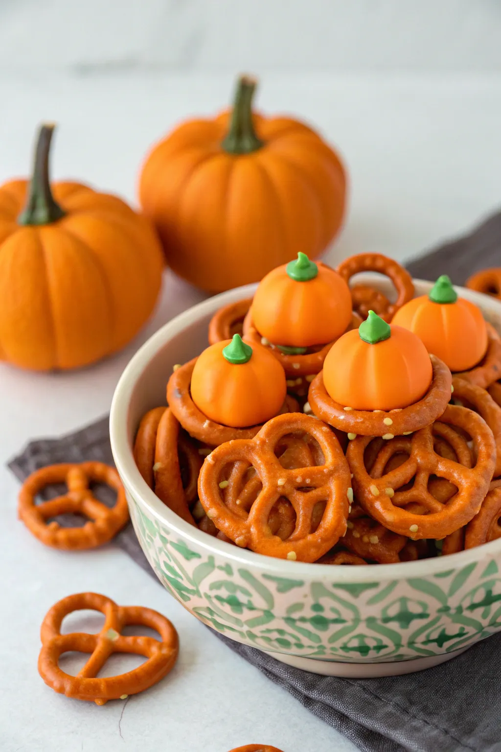 Candy-coated pumpkin pretzels that make a charming snack.