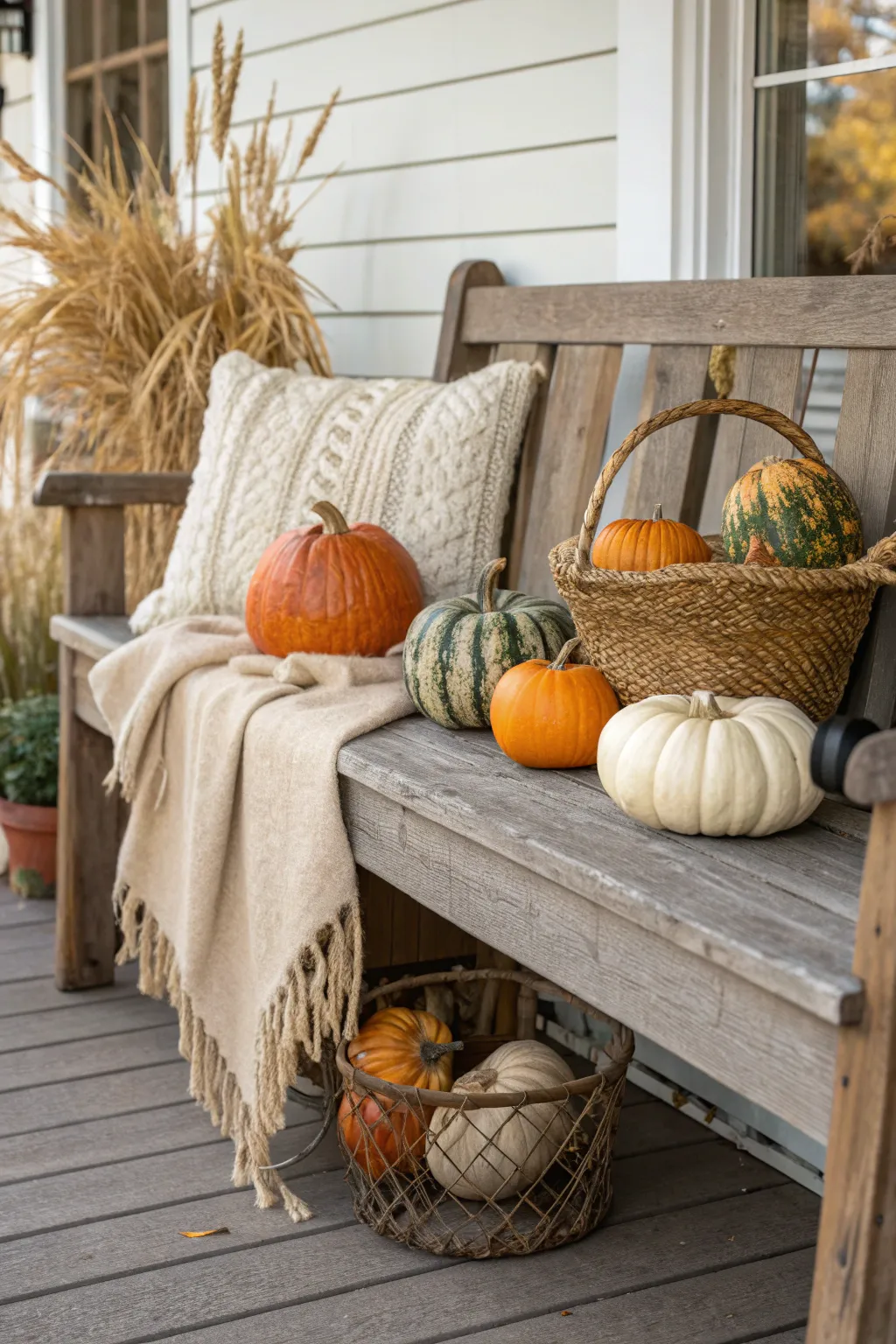 Elevate your autumn decor with a rustic bench pumpkin display, perfect for a cozy and stylish porch.