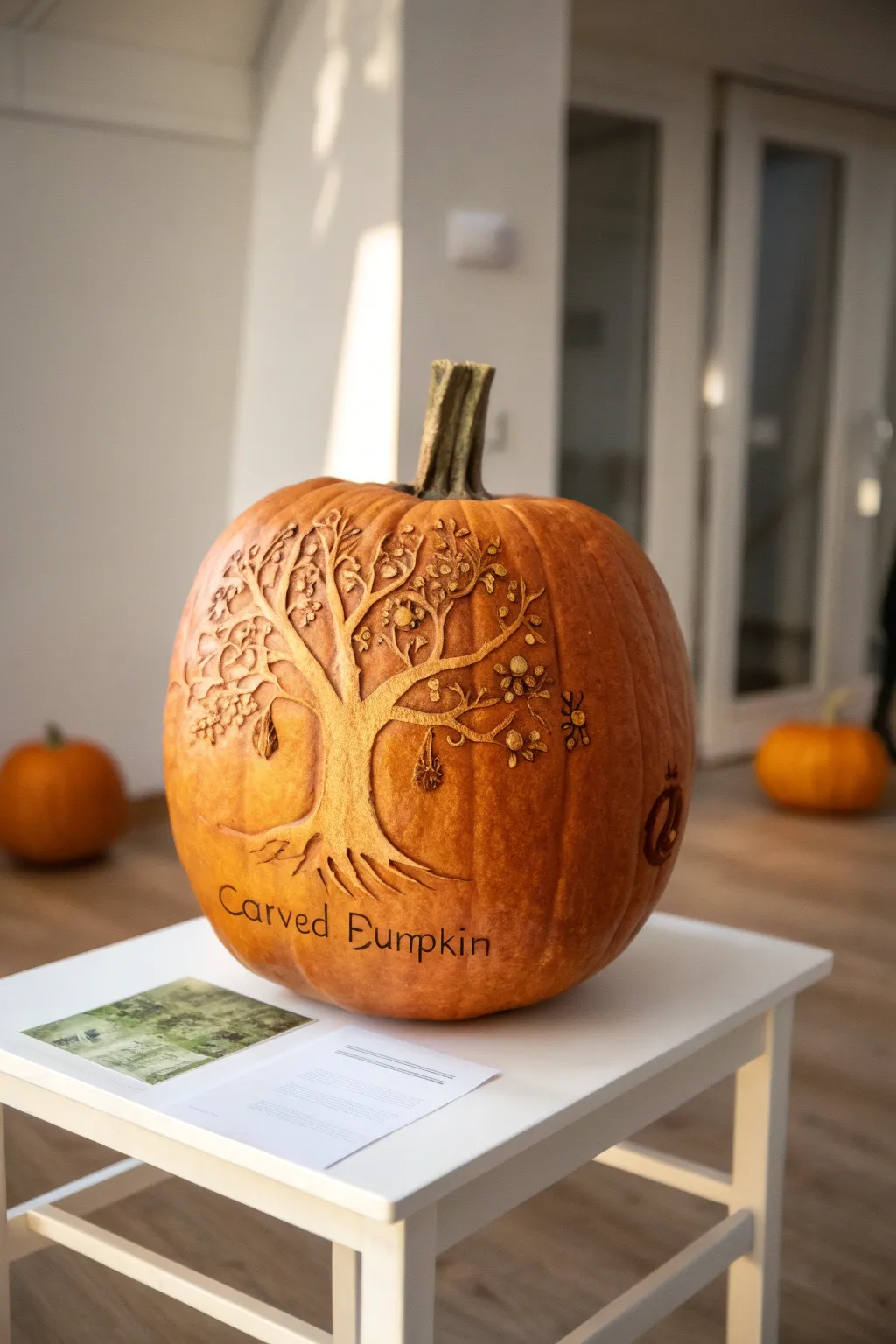 Embrace the wisdom of the season with a pumpkin tree carving that speaks volumes in simplicity.
