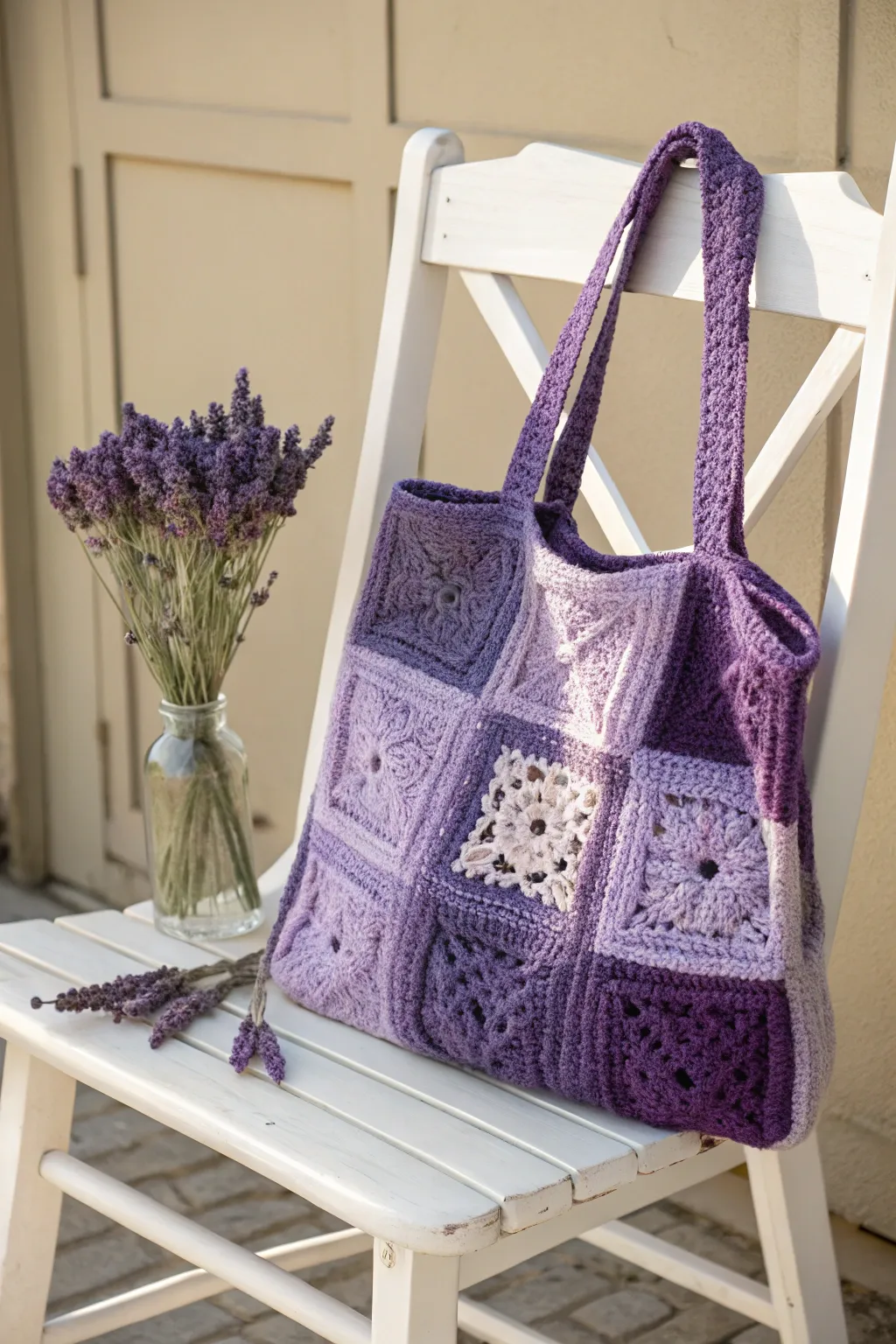 Elevate your market trips with this charming purple patchwork tote, where style meets function.