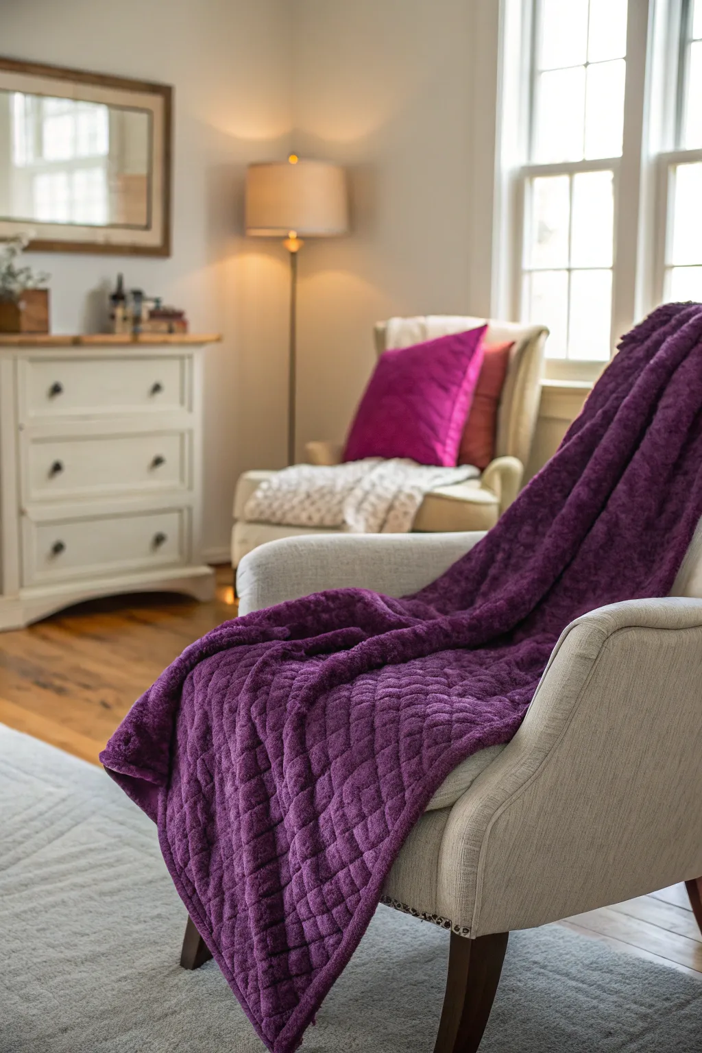 A purple throw blanket adds color and coziness.