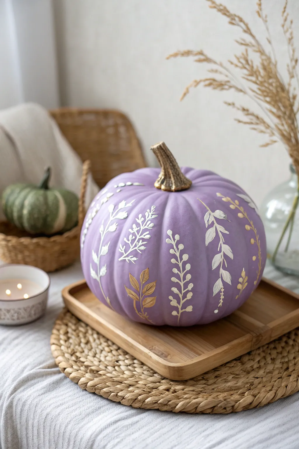 Embrace the serene charm of nature with this exquisitely painted purple pumpkin, perfect for adding a touch of elegance to your autumn decor.