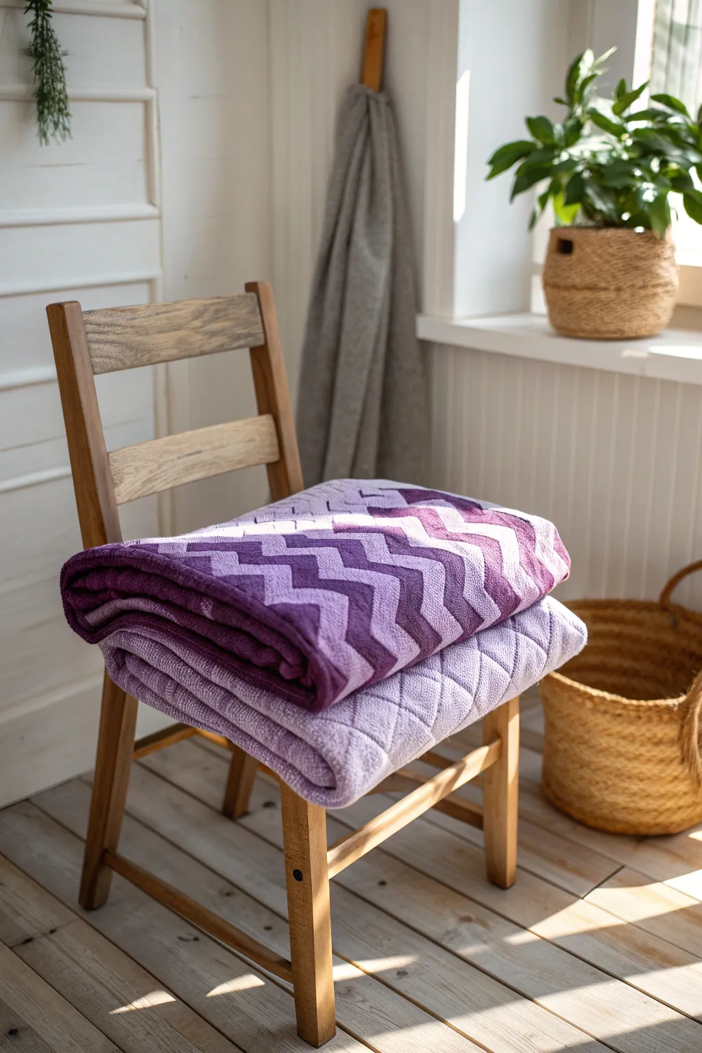 Elevate your space with a chic purple chevron quilt—where simplicity meets vibrant elegance.