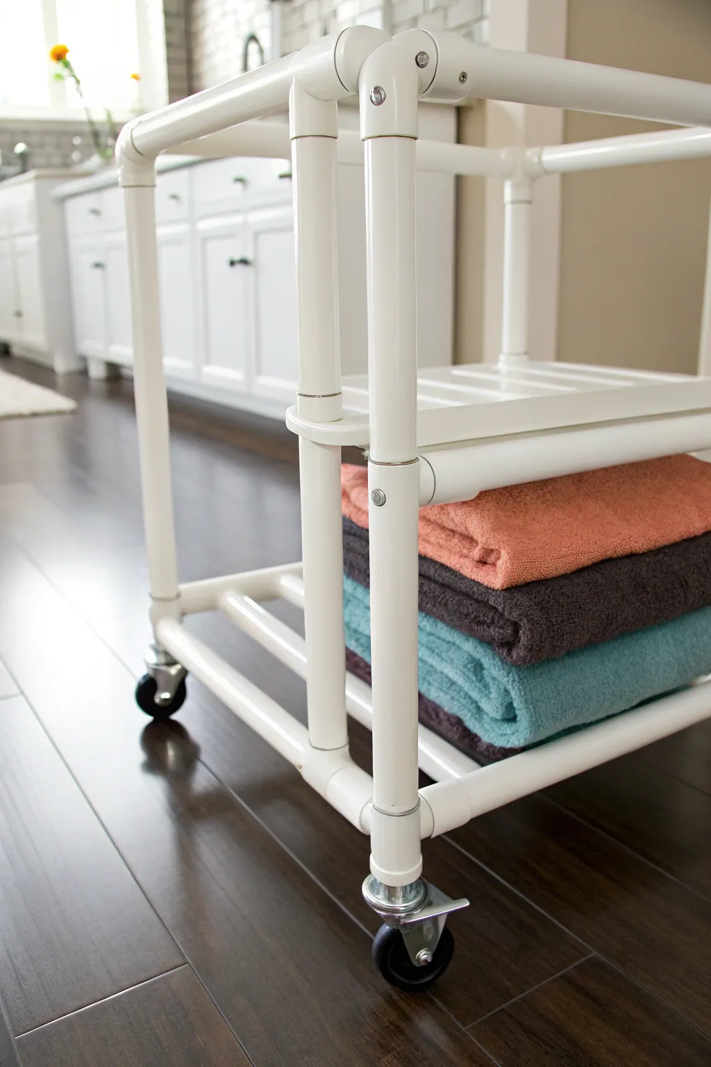 Elevate your laundry routine with this stylish and functional PVC rolling cart.