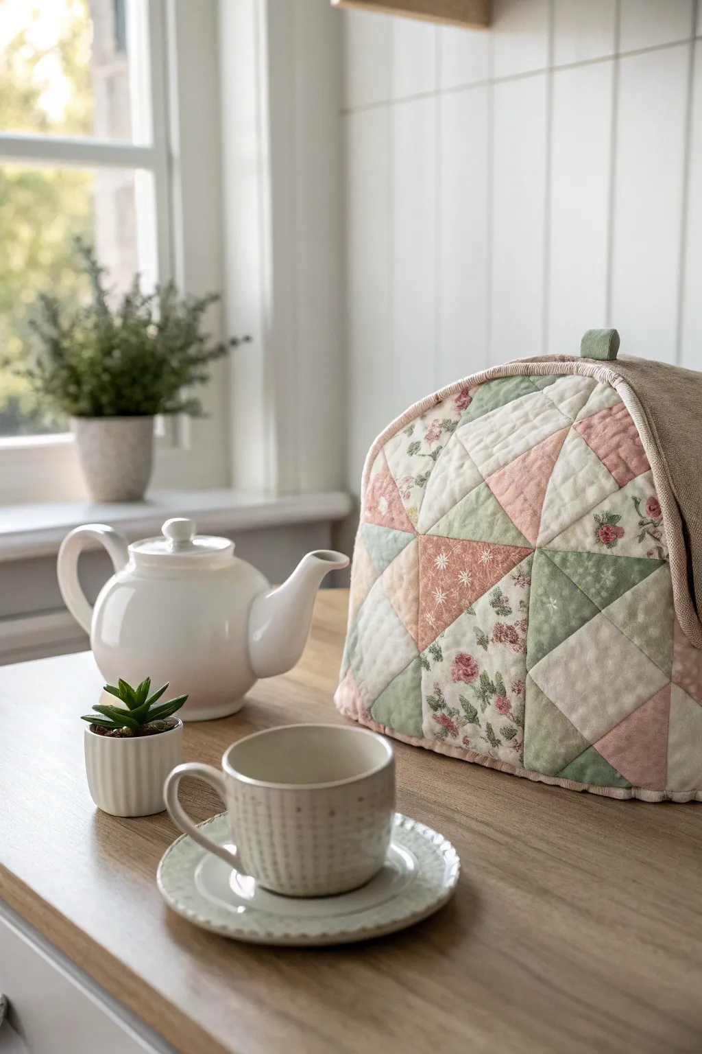 Add a touch of warmth and elegance to your tea time with this charming quilted tea cozy.