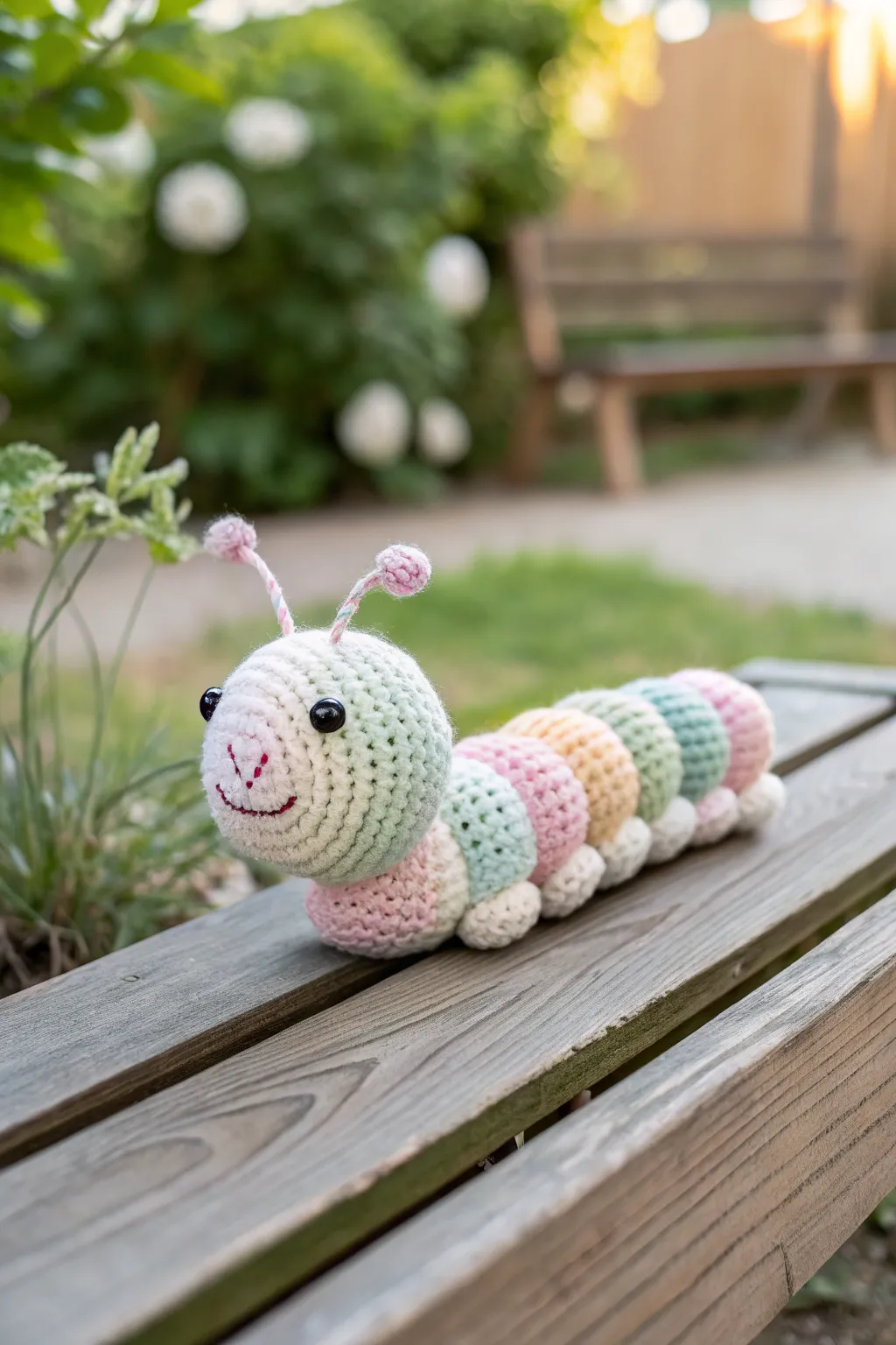 Whimsical whimsy meets craftsmanship: Discover the charm of crochet caterpillars in serene settings.
