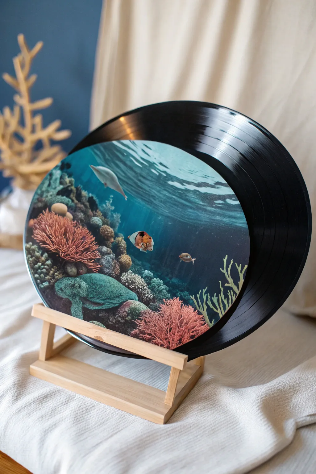 Dive into creativity with this stunning underwater-themed painted record, where artistry meets the ocean's beauty.