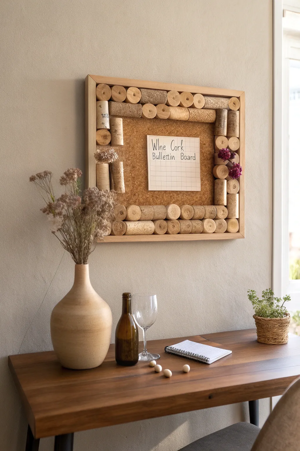 Transform your space with this chic wine cork bulletin board, where simplicity meets natural beauty.