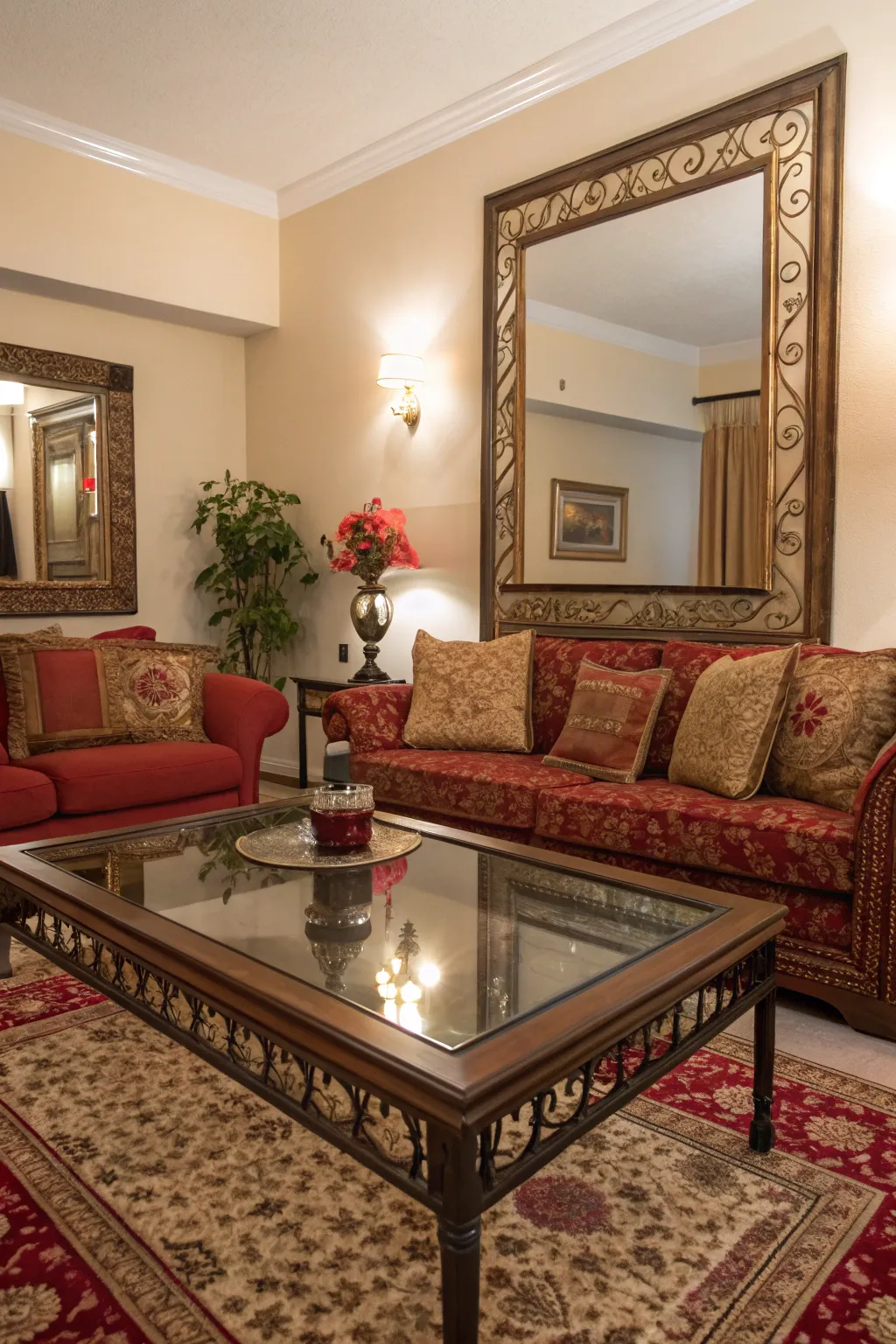 Reflective surfaces add light and dimension, enhancing spaciousness.