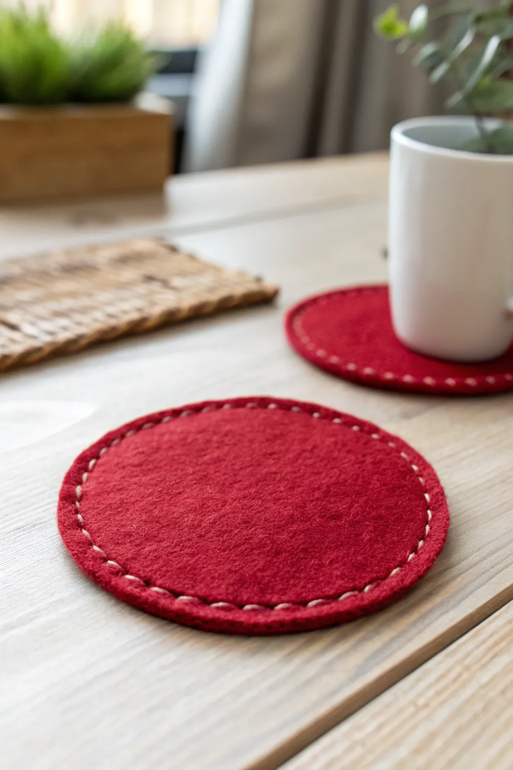 Elevate your table setting with handcrafted red felt coasters – a perfect blend of style and functionality.