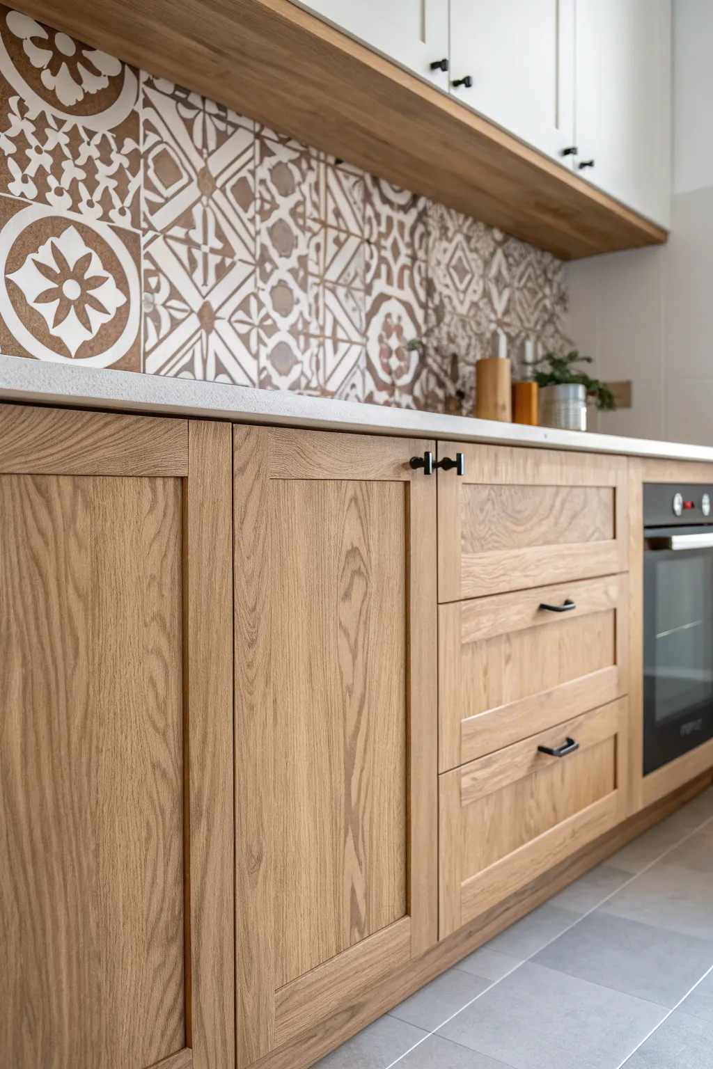 Elevate your kitchen's elegance with a bold backsplash and minimalist cabinet design.